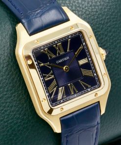 Alternative view of Cartier Santos Dumont, in 18ct Yellow Gold, Navy Blue Satin-Brushed Roman Dial, on Navy Blue Cartier Alligator Strap with 18ct Yellow Gold Cartier Tang Buckle, Ref. WGSA0077, Circa: 2024, with Box, Papers & Balance of 2 Year Cartier Factory Warranty