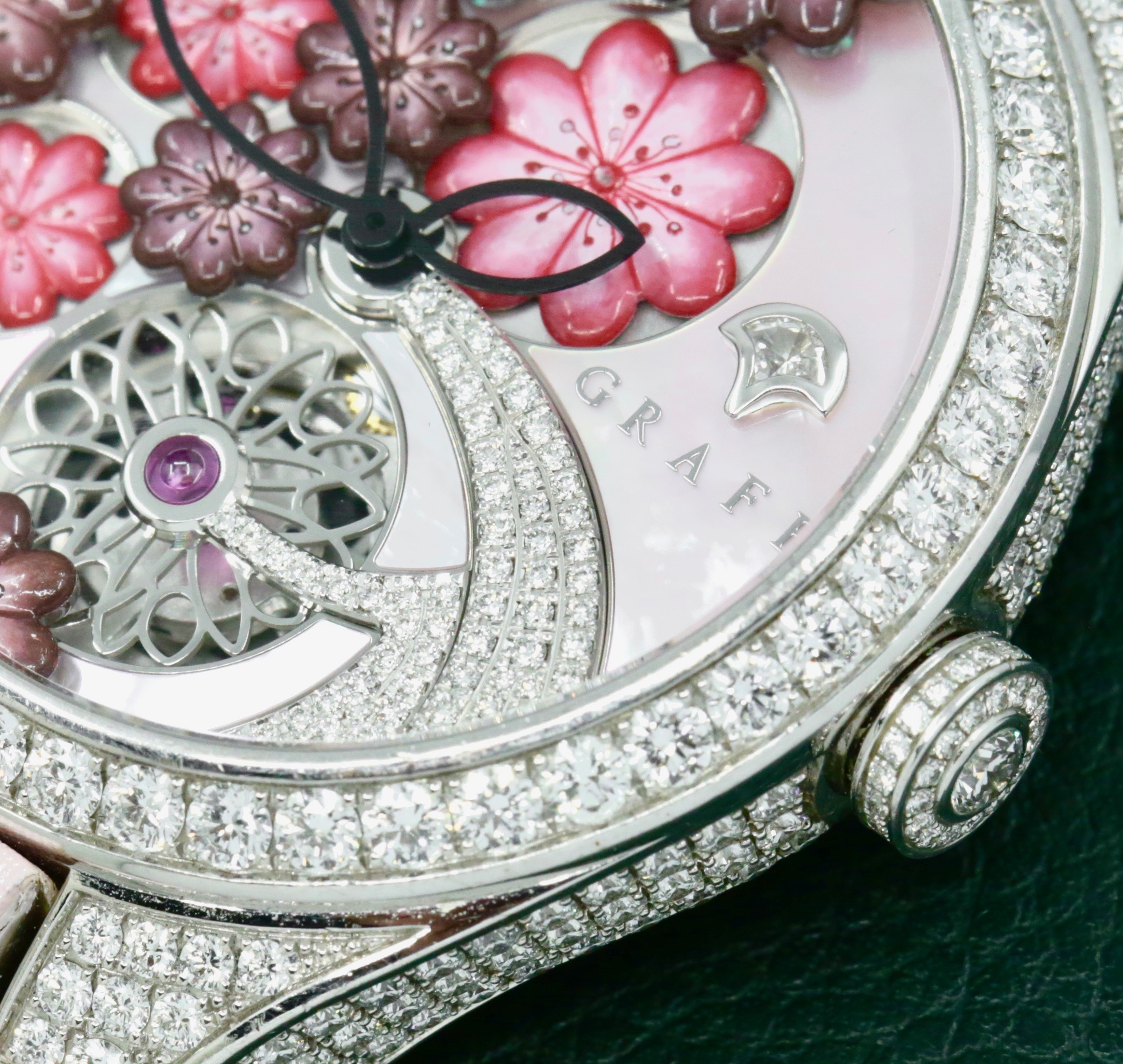 The Graff Floral Automatic Watch in 18ct White Gold, Set with Factory Diamonds on the Case, Lugs, Crown and Bezel, with Mother of Pearl Dial Set with a Floral Design and Diamonds, on a Graff Satin Band with Factory Diamond Set Tang Buckle. Ref: GFA37WGSLD, Box, Book, Additional Graff Satin Strap and Graff Warranty Card. - Image 11