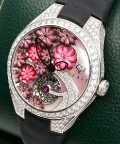 Alternative view of The Graff Floral Automatic Watch in 18ct White Gold, Set with Factory Diamonds on the Case, Lugs, Crown and Bezel, with Mother of Pearl Dial Set with a Floral Design and Diamonds, on a Graff Satin Band with Factory Diamond Set Tang Buckle. Ref: GFA37WGSLD, Box, Book, Additional Graff Satin Strap and Graff Warranty Card.