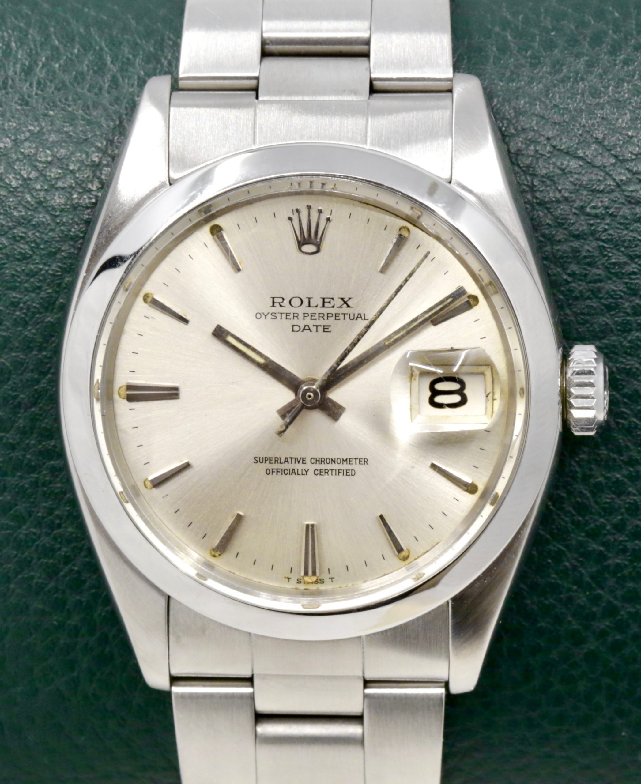 Vintage Rolex Oyster Perpetual Date, 34mm, Stainless Steel, Smooth Bezel, Silver Index Dial, on Stainless Steel Rolex Oyster Bracelet, Ref.1500, Circa: 1966