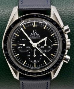 Vintage Omega Speedmaster Professional in Stainless Steel, Black Index Tritium dial marked "T Swiss T", on a new Navy Blue Molequin strap. Calibre 861, 17 jewel manual winding movement. Ref 145022-71ST Ca: 1971, "Watch Only"