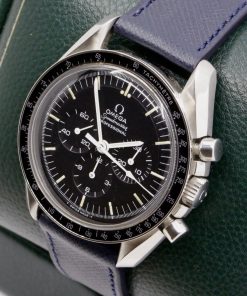 Alternative view of Vintage Omega Speedmaster Professional in Stainless Steel, Black Index Tritium dial marked "T Swiss T", on a new Navy Blue Molequin strap. Calibre 861, 17 jewel manual winding movement. Ref 145022-71ST Ca: 1971, "Watch Only"