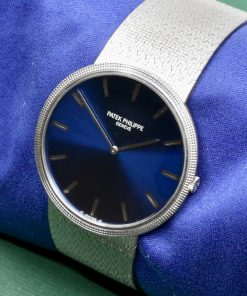 Alternative view of Vintage Patek Philippe Calatrava, in 18ct White Gold, Solid Gold Metallic Blue Dial with White Gold Index Markers, on 18ct White Gold Patek Philippe Integrated Bracelet, Ref. 3588/1, Circa: 1973, with Patek Philippe Extract  from Archives Certificate