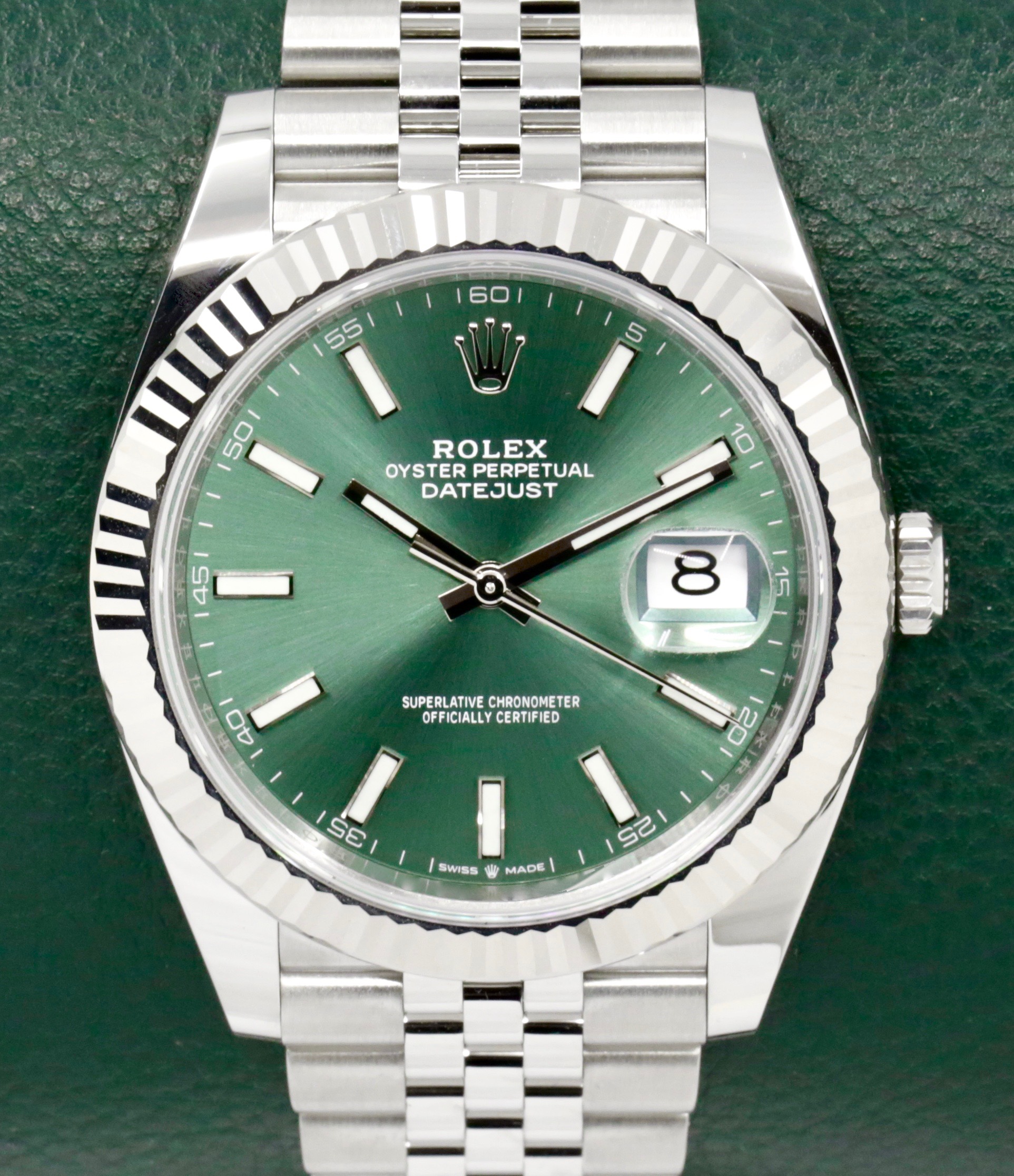 Rolex Datejust 41, Stainless Steel, 18ct White Gold Fluted Bezel, Mint Green Index Dial, on Stainless Steel Rolex Jubilee Bracelet, Ref. 126334, Circa: 2023, with Box, Books, Rolex Warranty Card & Balance of 5 Year Rolex Factory Warranty