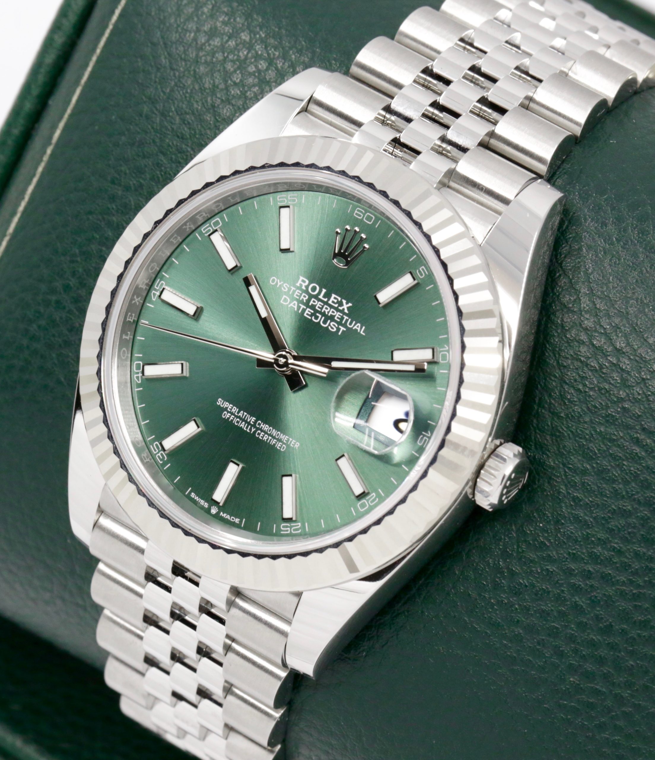 Rolex Datejust 41, Stainless Steel, 18ct White Gold Fluted Bezel, Mint Green Index Dial, on Stainless Steel Rolex Jubilee Bracelet, Ref. 126334, Circa: 2023, with Box, Books, Rolex Warranty Card & Balance of 5 Year Rolex Factory Warranty - Image 3