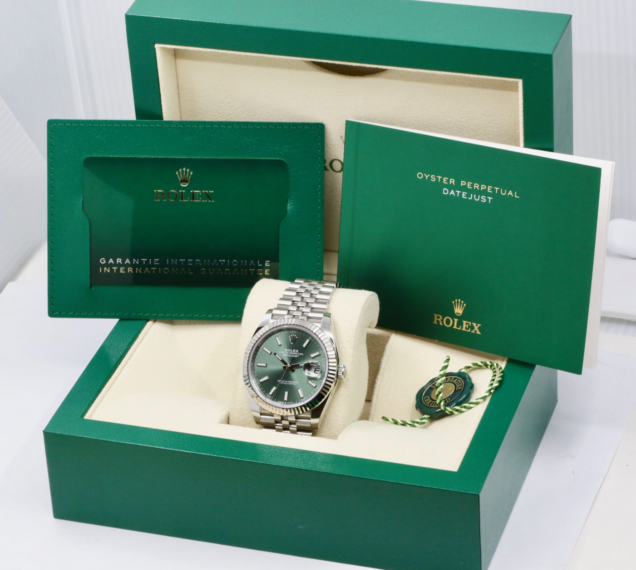 Rolex Datejust 41, Stainless Steel, 18ct White Gold Fluted Bezel, Mint Green Index Dial, on Stainless Steel Rolex Jubilee Bracelet, Ref. 126334, Circa: 2023, with Box, Books, Rolex Warranty Card & Balance of 5 Year Rolex Factory Warranty - Image 7