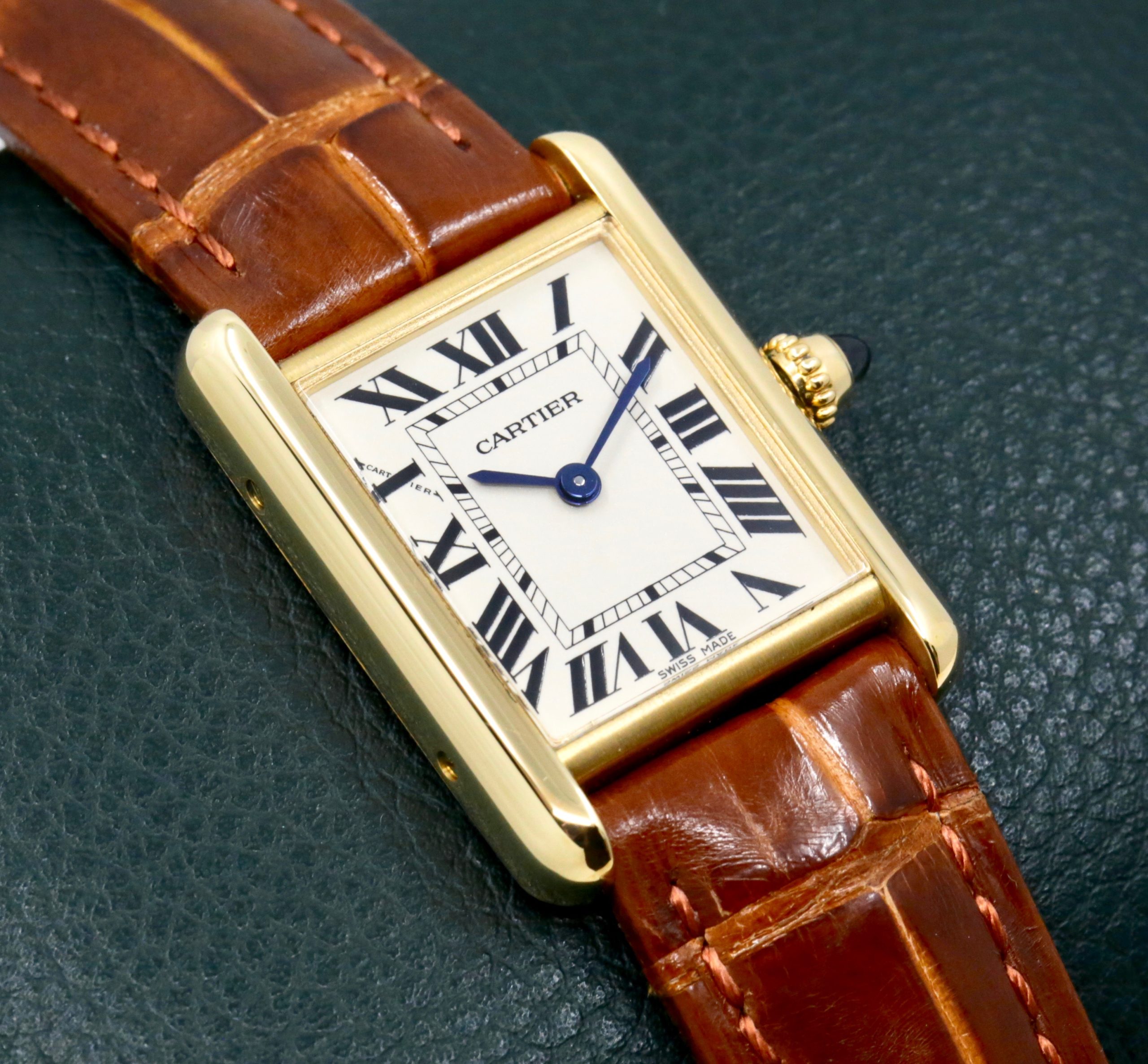 Cartier Tank Louis, Small Model, in 18ct Yellow Gold, Silver Roman Dial, on Brown Alligator Cartier Strap with 18ct Yellow Gold Cartier Tang Buckle, Ref. W1529856, Circa: 2017, with Cartier Box & Cartier Warranty Card *MINT CONDITION*