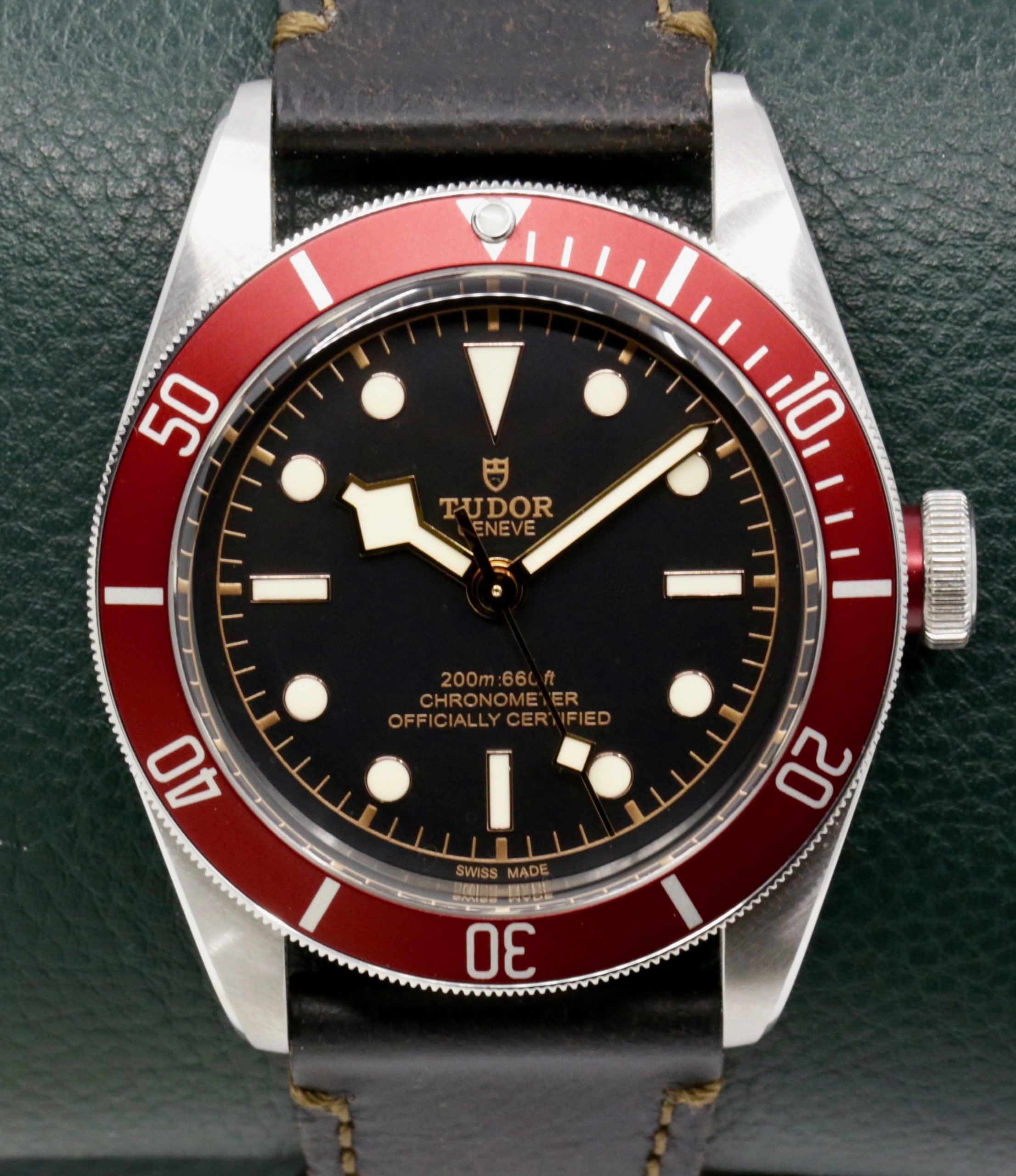 Tudor Black Bay Heritage, 41mm Stainless Steel Case, Black Index Dial with Gilt Accents, Red 60min Aluminum Bezel, on Brown Tudor Leather Strap with Stainless Steel Tudor Deployant, Ref. 79230R, Circa: 2020, with Box, Books, Swing Tag, Tudor Warranty Card & Balance of 5 Year Tudor Factory Warranty