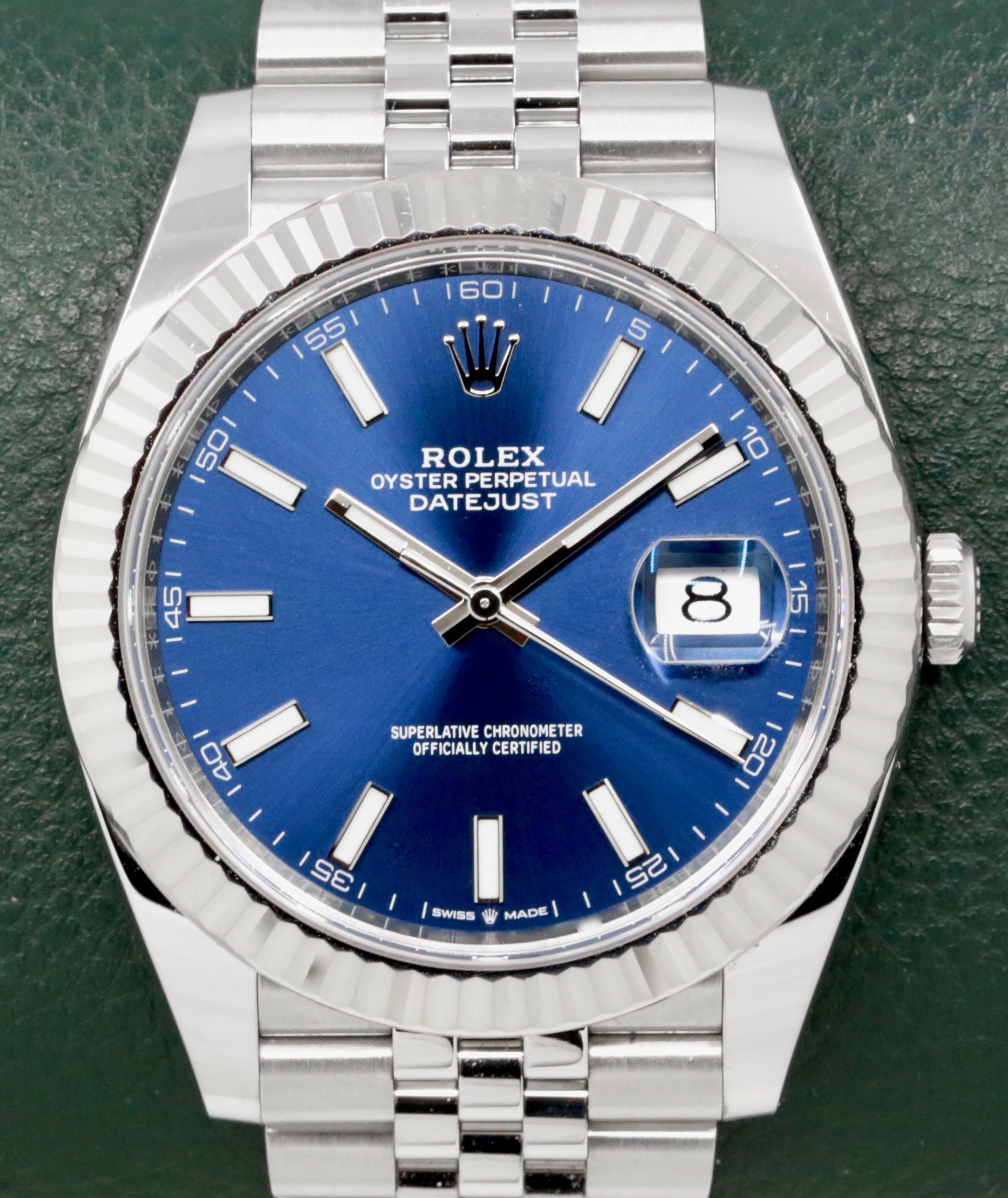 Rolex Datejust 41, Stainless Steel, 18ct White Gold Fluted Bezel, Blue Index Dial, on Stainless Steel Rolex Jubilee Bracelet, Ref. 126334, Circa: 2022, with Box, Books, Rolex Warranty Card & Balance of 5 Year Rolex Factory Warranty - Image 3