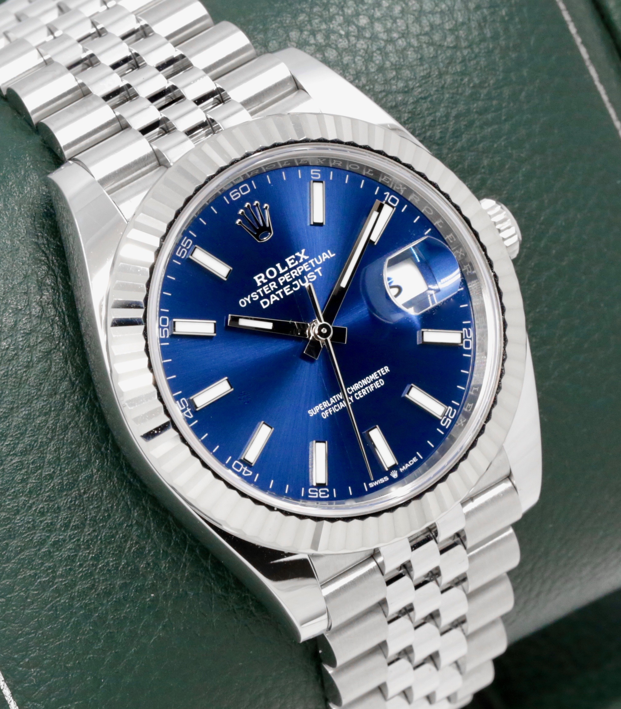 Rolex Datejust 41, Stainless Steel, 18ct White Gold Fluted Bezel, Blue Index Dial, on Stainless Steel Rolex Jubilee Bracelet, Ref. 126334, Circa: 2022, with Box, Books, Rolex Warranty Card & Balance of 5 Year Rolex Factory Warranty