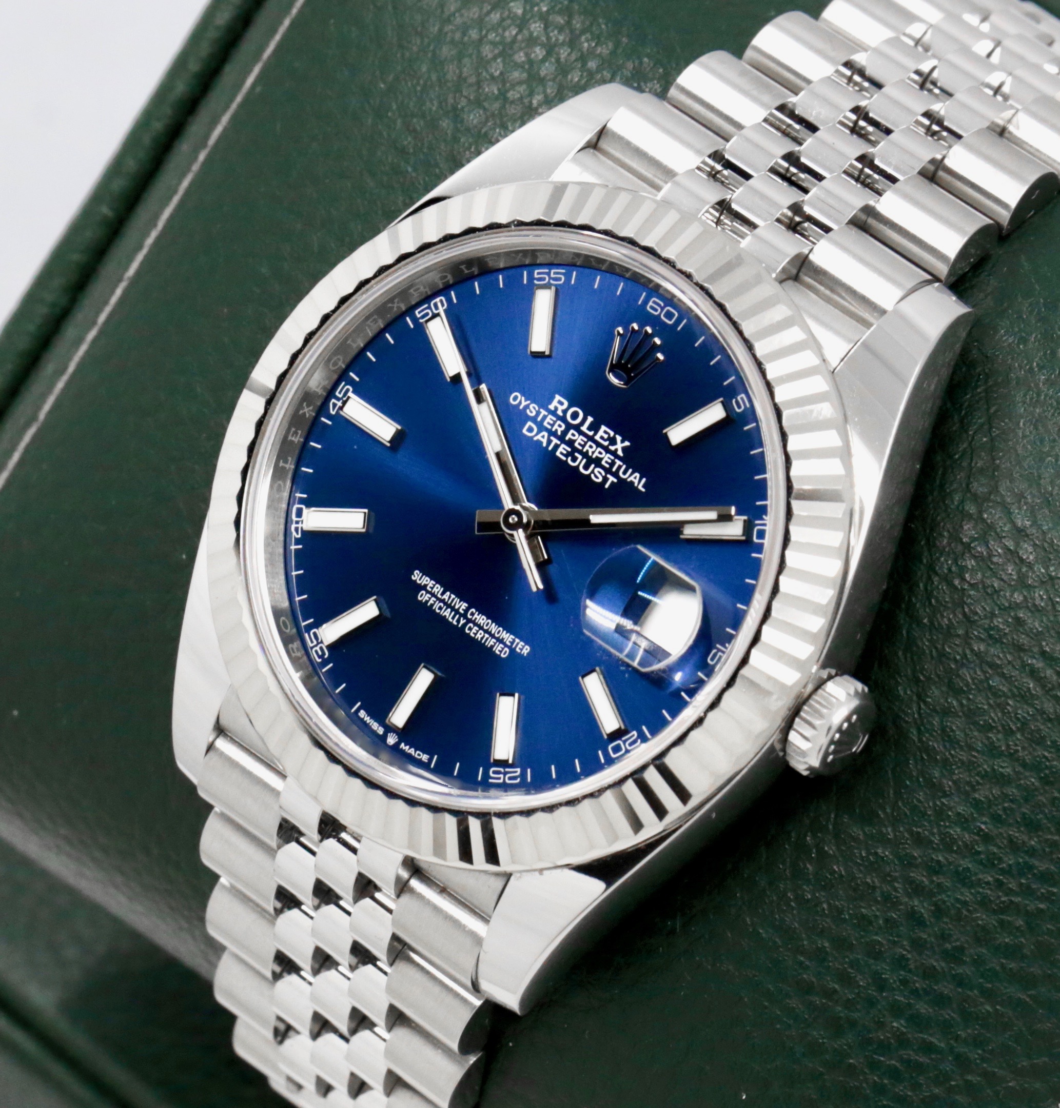 Rolex Datejust 41, Stainless Steel, 18ct White Gold Fluted Bezel, Blue Index Dial, on Stainless Steel Rolex Jubilee Bracelet, Ref. 126334, Circa: 2022, with Box, Books, Rolex Warranty Card & Balance of 5 Year Rolex Factory Warranty - Image 2