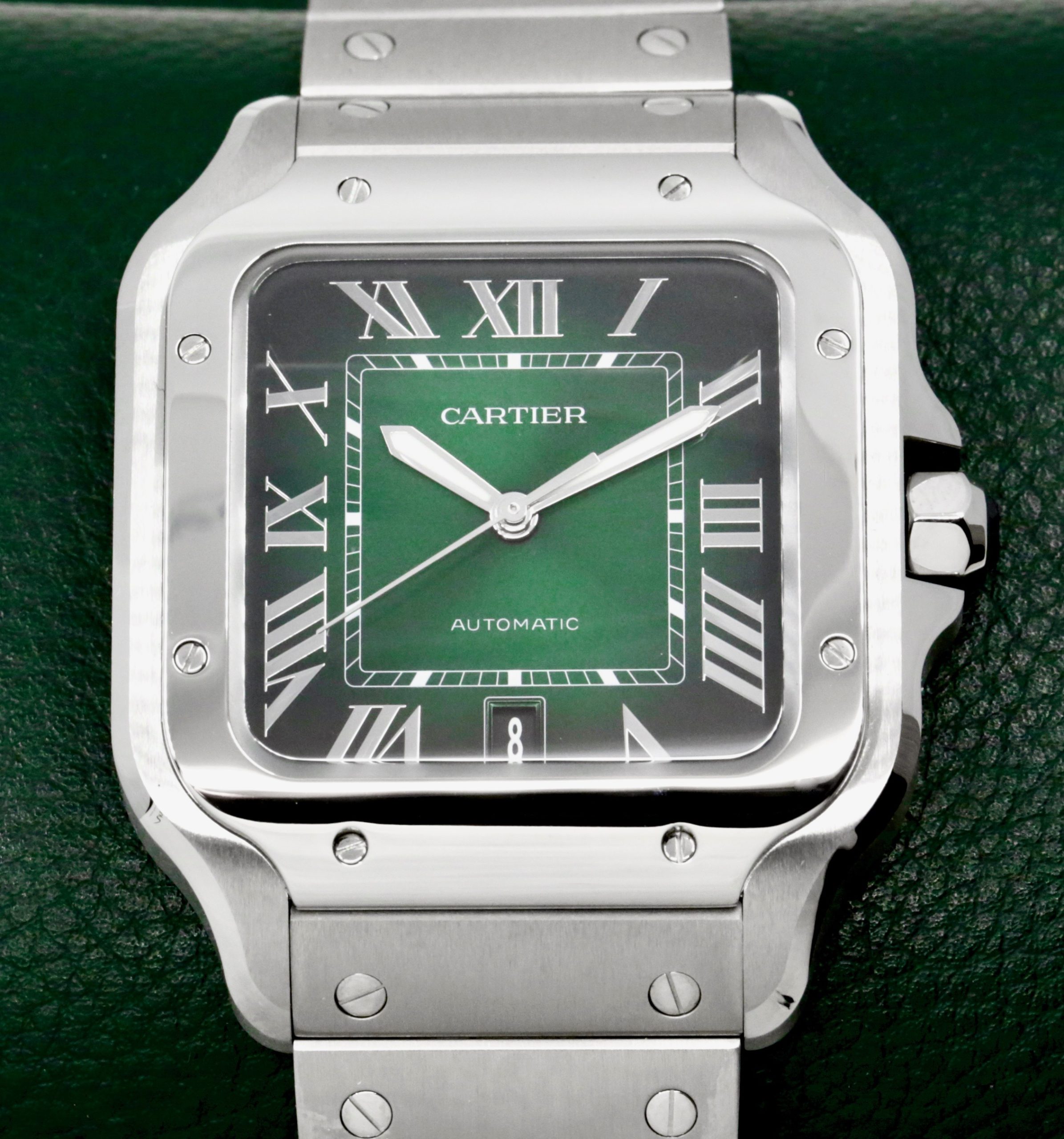 Cartier - Santos de Cartier, Large Model, in Stainless Steel, Green Roman Dial, on Stainless Steel Cartier Bracelet, Ref. WSSA0062, Circa: 2024, with Box, Papers & Balance of 8 Year Cartier Extended Warranty *UNWORN!!