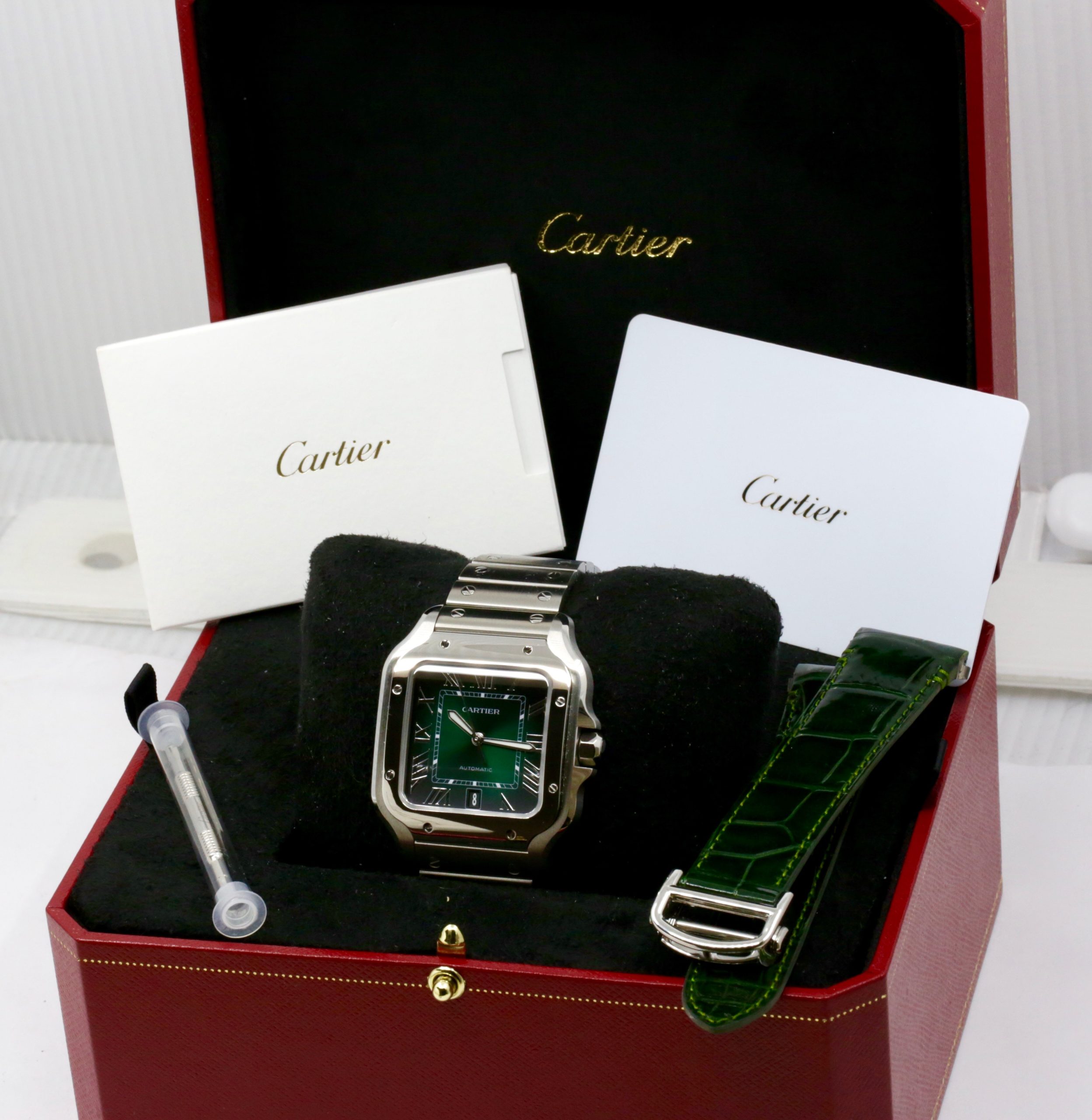 Cartier - Santos de Cartier, Large Model, in Stainless Steel, Green Roman Dial, on Stainless Steel Cartier Bracelet, Ref. WSSA0062, Circa: 2024, with Box, Papers & Balance of 8 Year Cartier Extended Warranty *UNWORN!! - Image 7
