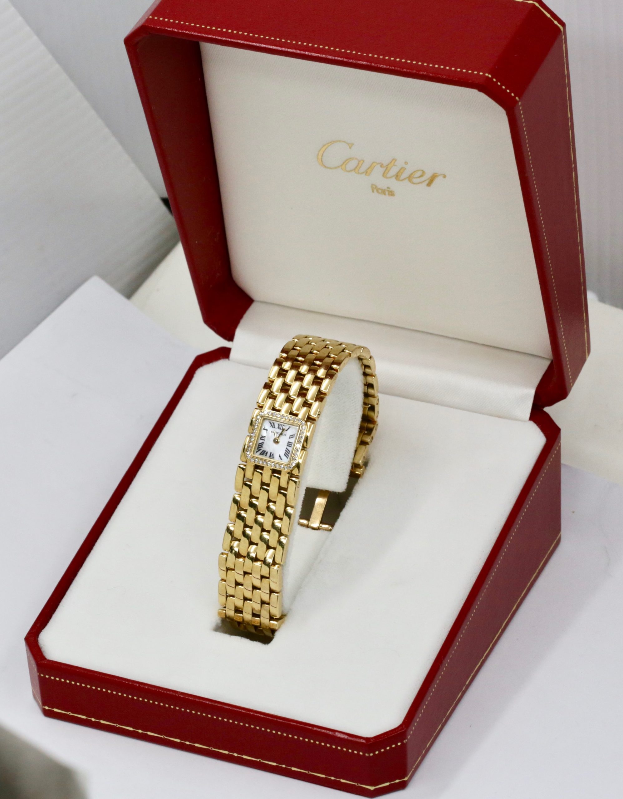 Cartier Panthere Ruban, in 18ct Yellow Gold, Factory Set Diamond Bezel, Mother of Pearl Roman Dial, on 18ct Yellow Gold Cartier Brick Bracelet, Ref. 2421, Circa: 2005, with Cartier Box - Image 7