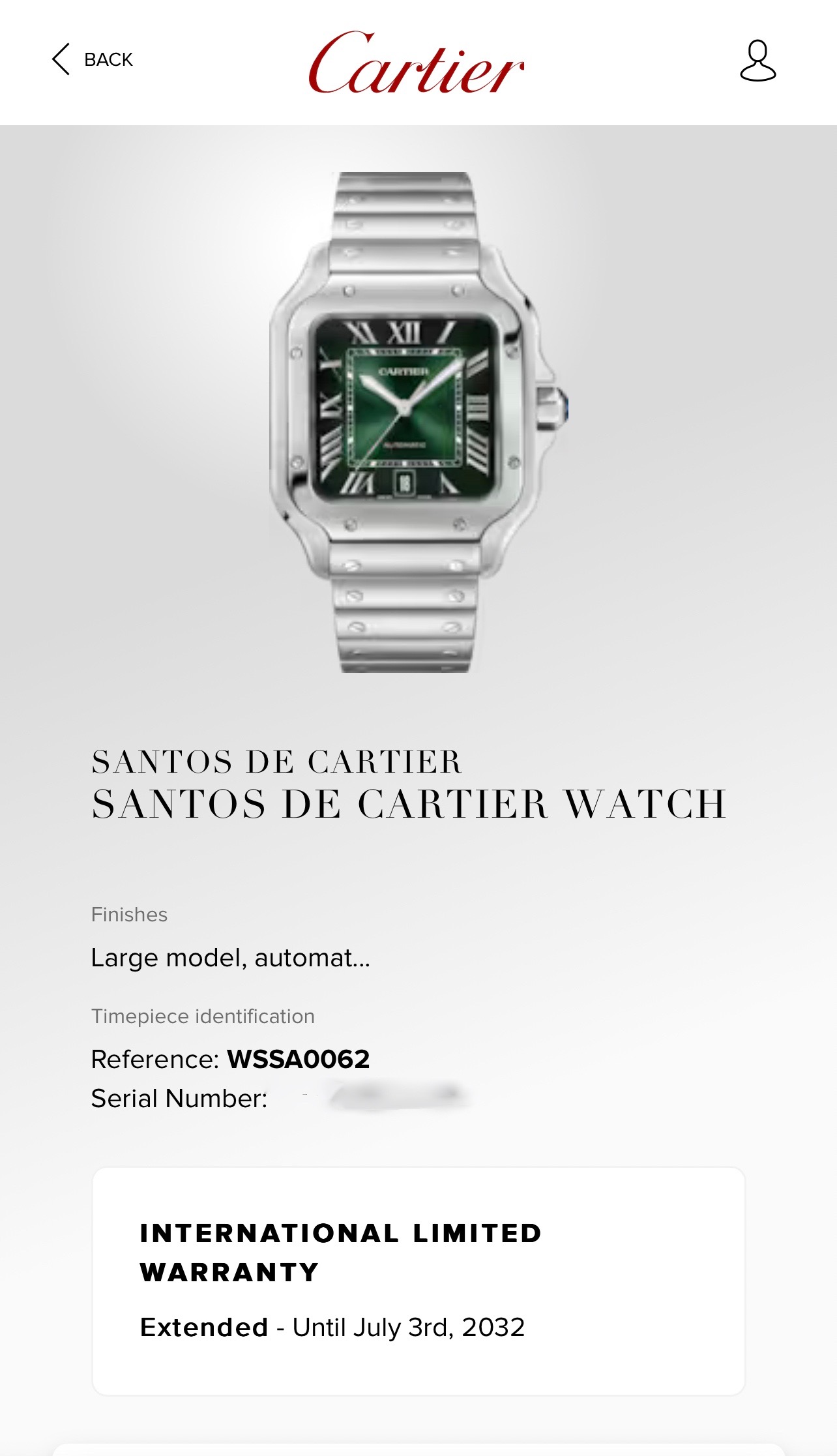 Cartier - Santos de Cartier, Large Model, in Stainless Steel, Green Roman Dial, on Stainless Steel Cartier Bracelet, Ref. WSSA0062, Circa: 2024, with Box, Papers & Balance of 8 Year Cartier Extended Warranty *UNWORN!! - Image 8
