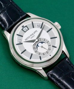 Patek Philippe Annual Calendar Moon Phase, in 18ct White Gold, Silver Index Dial with Day-Date-Month Display, on Black Patek Alligator Band with 18ct White Gold Patek Tang Buckle, Ref. 5205G, with Patek Philippe Box & Service Receipt - Serviced by Patek Philippe in 2023