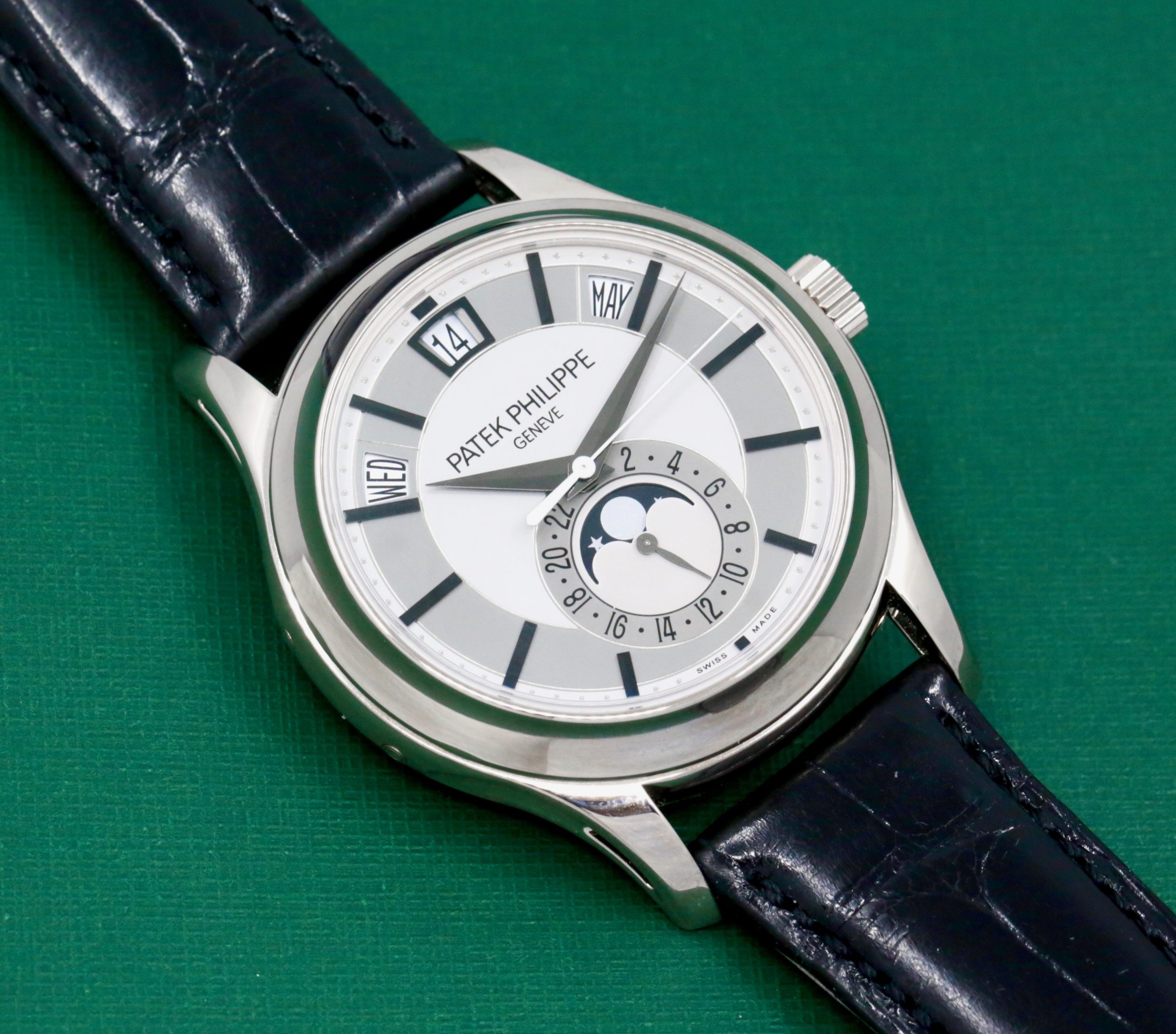 Patek Philippe Annual Calendar Moon Phase, in 18ct White Gold, Silver Index Dial with Day-Date-Month Display, on Black Patek Alligator Band with 18ct White Gold Patek Tang Buckle, Ref. 5205G, with Patek Philippe Box & Service Receipt - Serviced by Patek Philippe in 2023