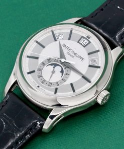 Alternative view of Patek Philippe Annual Calendar Moon Phase, in 18ct White Gold, Silver Index Dial with Day-Date-Month Display, on Black Patek Alligator Band with 18ct White Gold Patek Tang Buckle, Ref. 5205G, with Patek Philippe Box & Service Receipt - Serviced by Patek Philippe in 2023