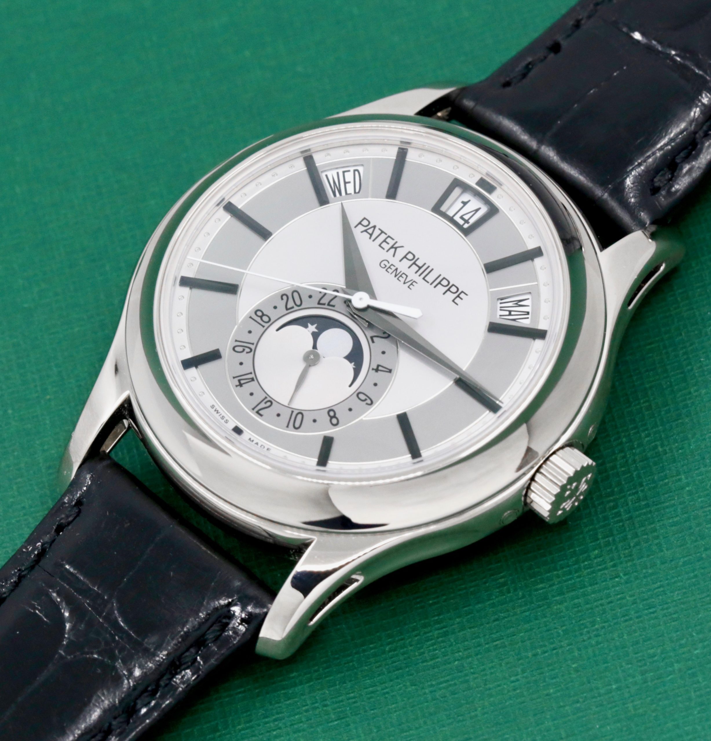 Patek Philippe Annual Calendar Moon Phase, in 18ct White Gold, Silver Index Dial with Day-Date-Month Display, on Black Patek Alligator Band with 18ct White Gold Patek Tang Buckle, Ref. 5205G, with Patek Philippe Box & Service Receipt - Serviced by Patek Philippe in 2023 - Image 2