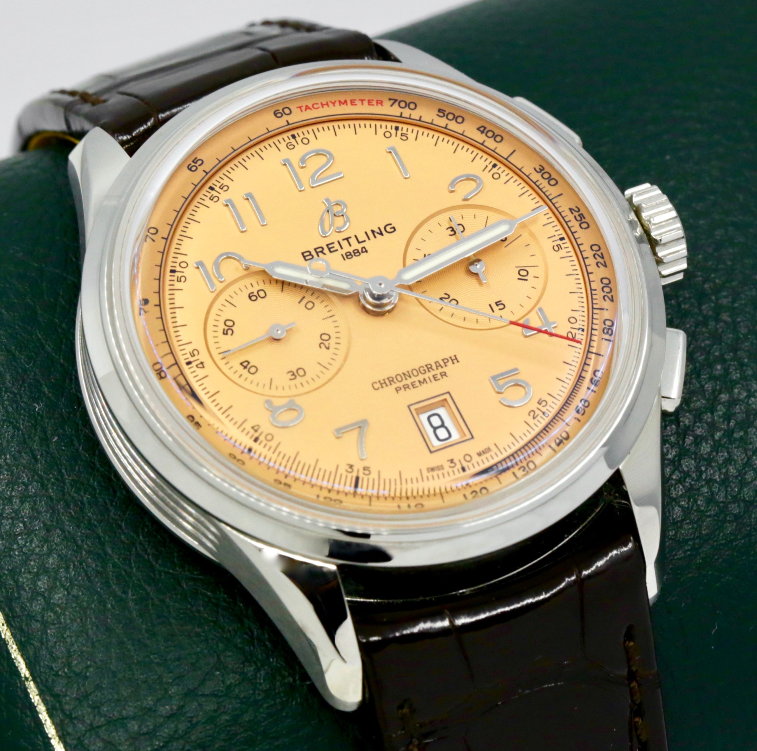 Breitling Premier B01 Chronograph 42, in Stainless Steel, with Salmon Arab Dial, on Brown Breitling Alligator Leather Strap with Stainless Steel Breitling Deployant, Ref.AB0145331K1P1, Circa: 2023, with Box, Papers & Balance of 5 Year Breitling Factory Warranty, SALE !!