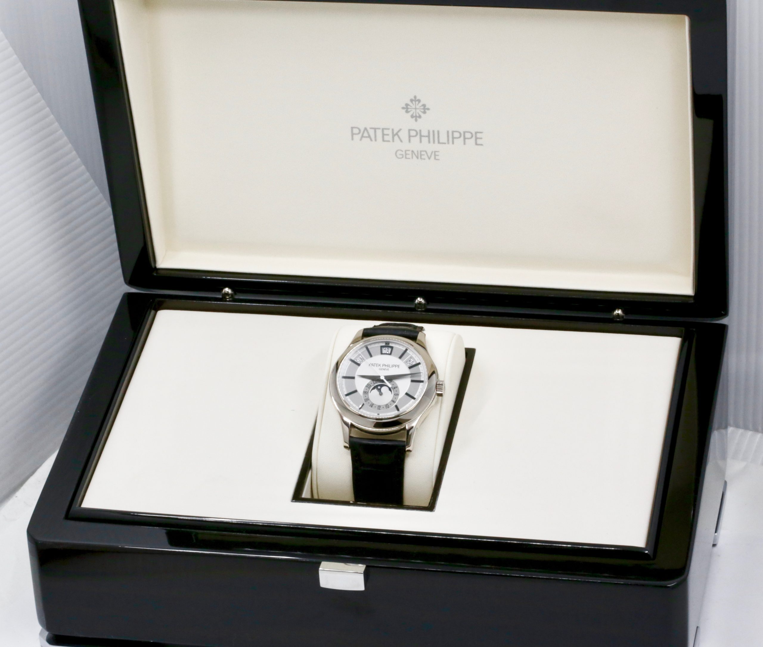 Patek Philippe Annual Calendar Moon Phase, in 18ct White Gold, Silver Index Dial with Day-Date-Month Display, on Black Patek Alligator Band with 18ct White Gold Patek Tang Buckle, Ref. 5205G, with Patek Philippe Box & Service Receipt - Serviced by Patek Philippe in 2023 - Image 6