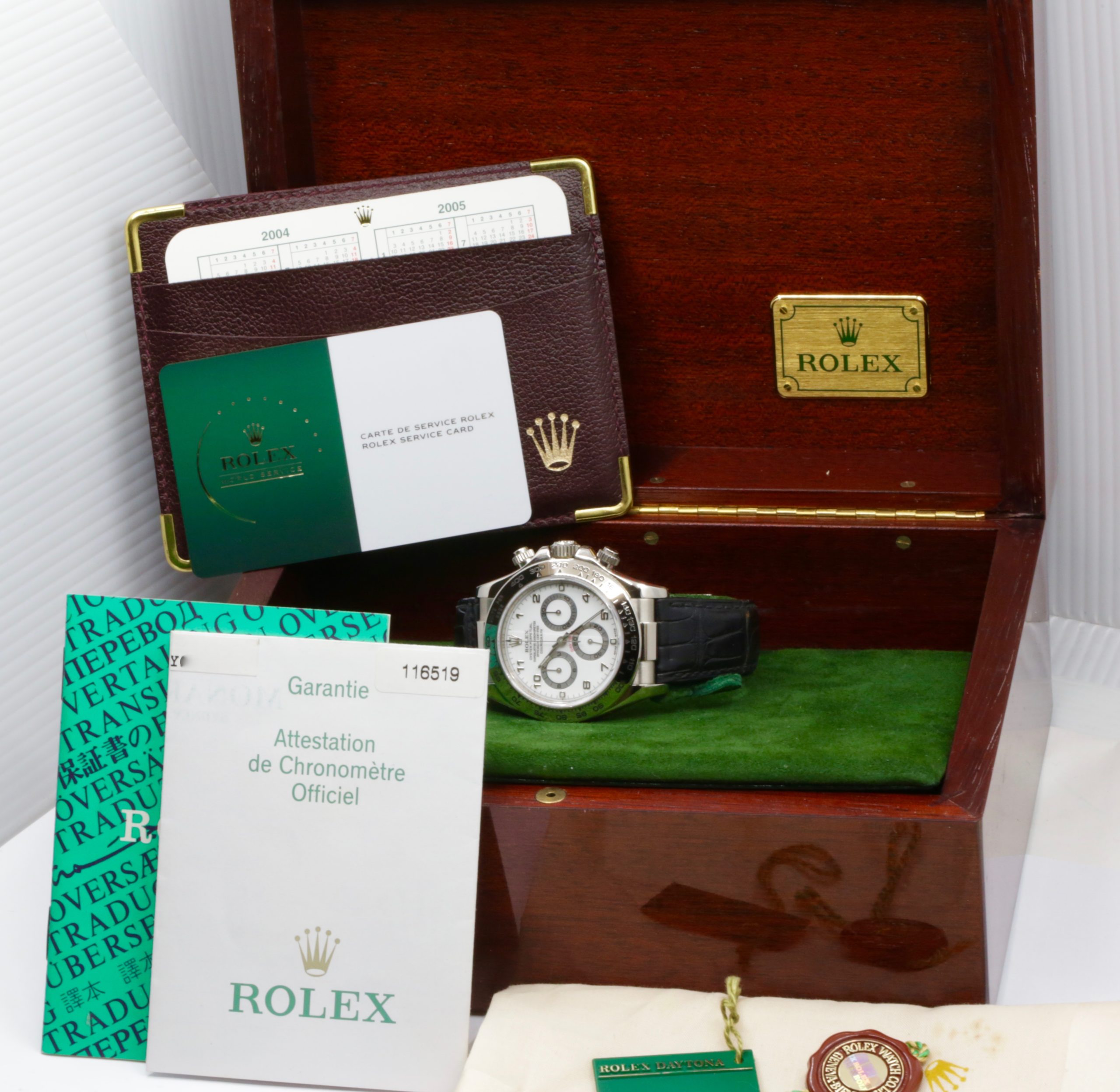 Rolex Cosmograph Daytona, 18ct White Gold, White Arab Dial, on Rolex Alligator Strap with 18ct White Gold Rolex Daytona Deployant, Ref. 116519, Circa: 2004, with Box, Swing Tags, Rolex Warranty Certificate, Rolex Service Card & Balance of 2 Year Rolex Service Warranty - Image 7