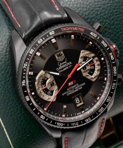 TAG Heuer Grand Carrera RS2 Chronograph, 43mm Titanium Case with Black PVD Coating, Black Index Dial with Red Accents, on Black TAG Heuer Alligator Strap with Titanium TAG Heuer Deployant, Ref. CAV518B, Circa: 2011, with Box & Papers - Sold as Traded!! $2,600 inc GST!!