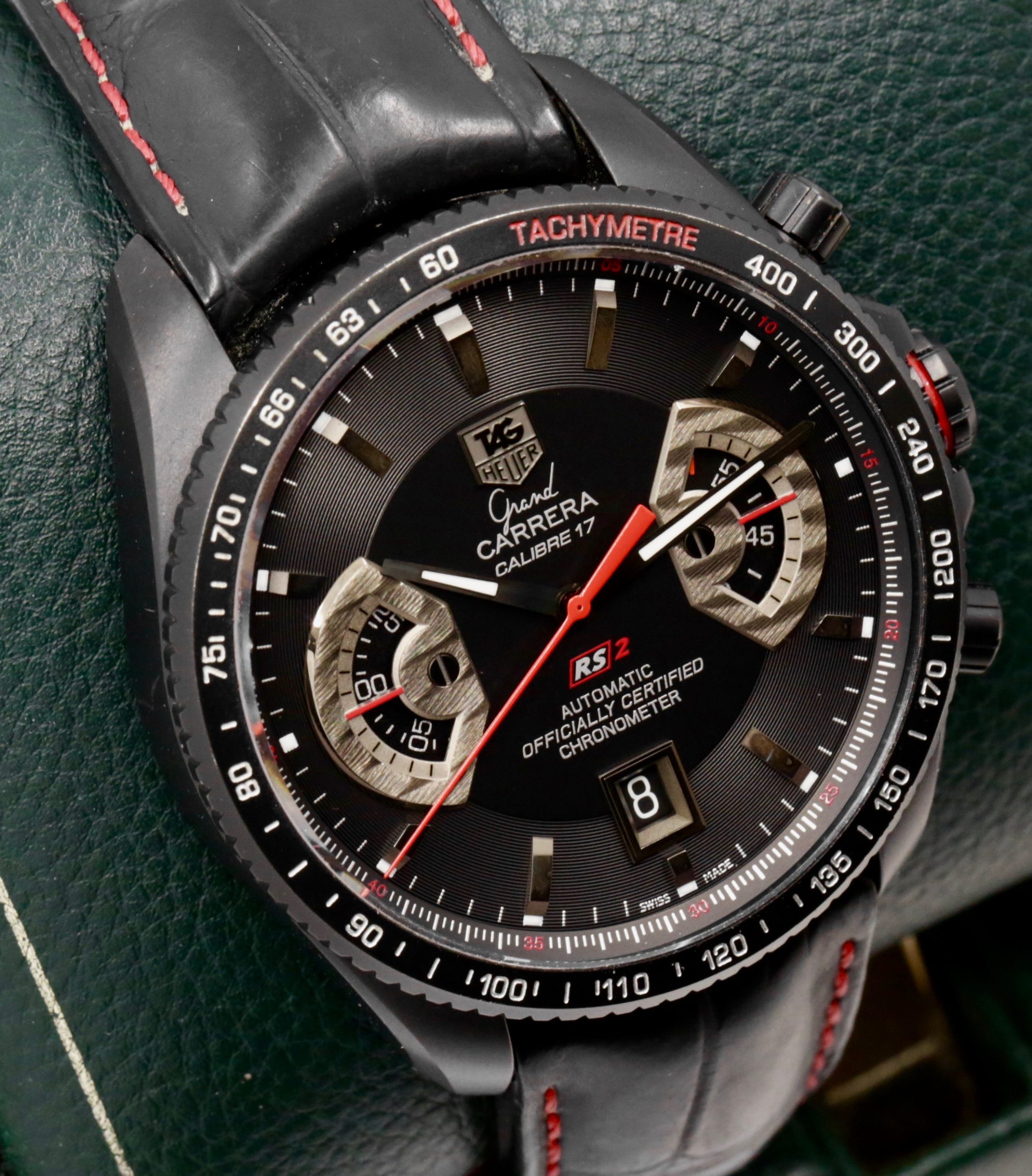 TAG Heuer Grand Carrera RS2 Chronograph, 43mm Titanium Case with Black PVD Coating, Black Index Dial with Red Accents, on Black TAG Heuer Alligator Strap with Titanium TAG Heuer Deployant, Ref. CAV518B, Circa: 2011, with Box & Papers - Sold as Traded!! $2,600 inc GST!!