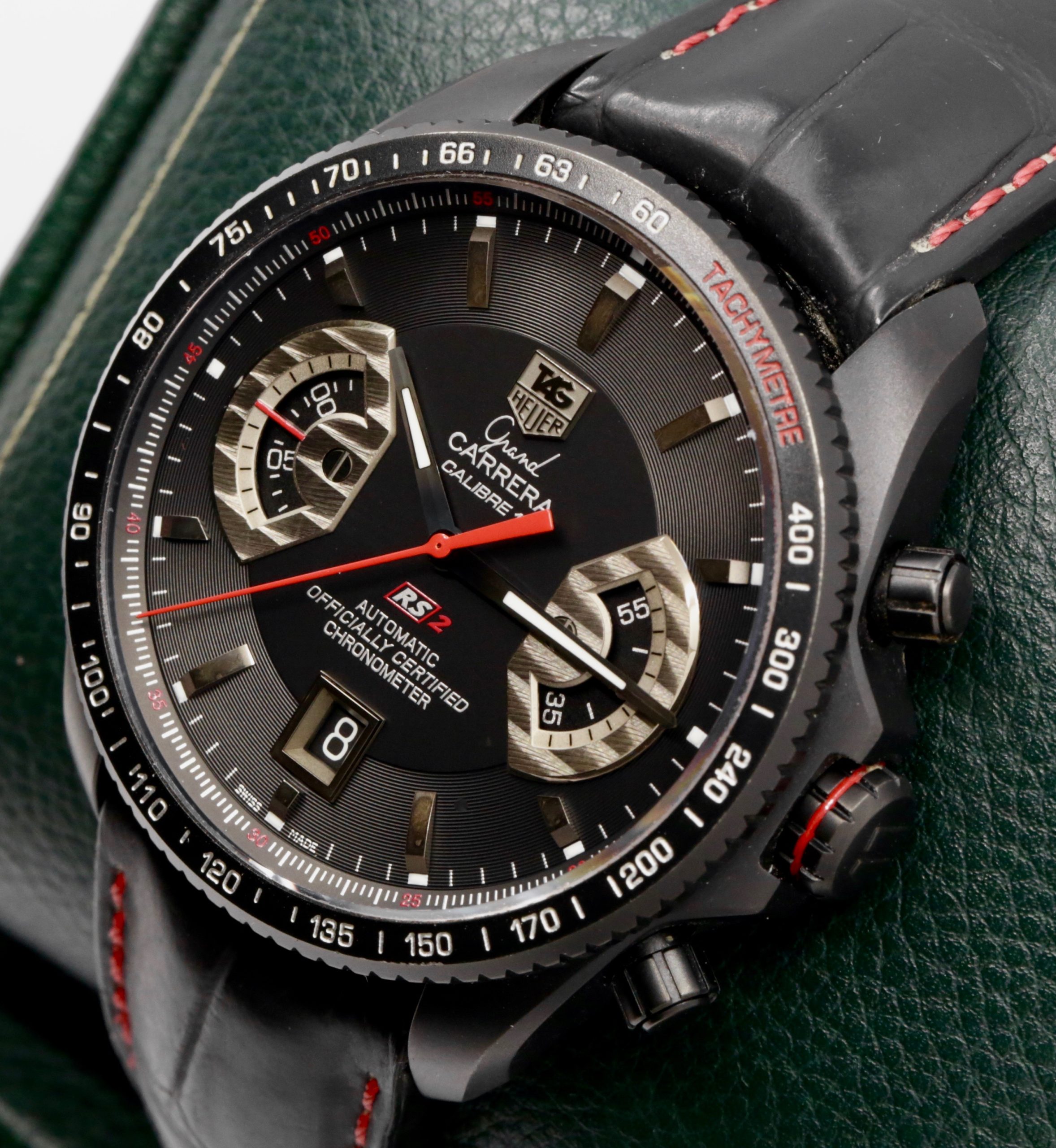 TAG Heuer Grand Carrera RS2 Chronograph, 43mm Titanium Case with Black PVD Coating, Black Index Dial with Red Accents, on Black TAG Heuer Alligator Strap with Titanium TAG Heuer Deployant, Ref. CAV518B, Circa: 2011, with Box & Papers - Sold as Traded!! $2,600 inc GST!! - Image 2