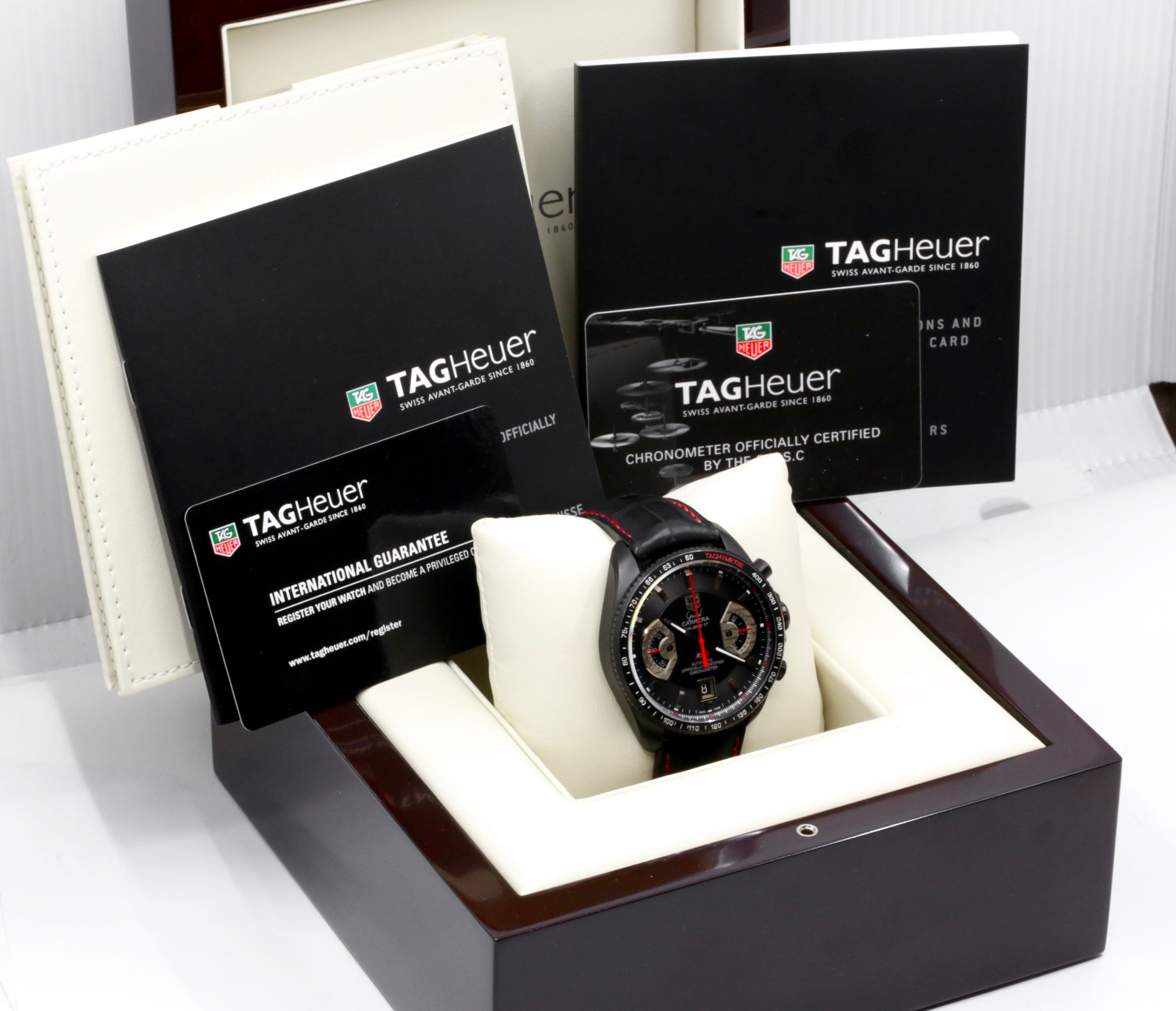 TAG Heuer Grand Carrera RS2 Chronograph, 43mm Titanium Case with Black PVD Coating, Black Index Dial with Red Accents, on Black TAG Heuer Alligator Strap with Titanium TAG Heuer Deployant, Ref. CAV518B, Circa: 2011, with Box & Papers - Sold as Traded!! $2,600 inc GST!! - Image 7