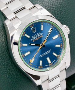 Rolex Milgauss, Stainless Steel, Blue Index Dial, Orange Lightning Bolt Second Hand, Green Sapphire Crystal, on Stainless Steel Rolex Oyster Bracelet, Ref. 116400GV, with Box , Swing Tags & Book
