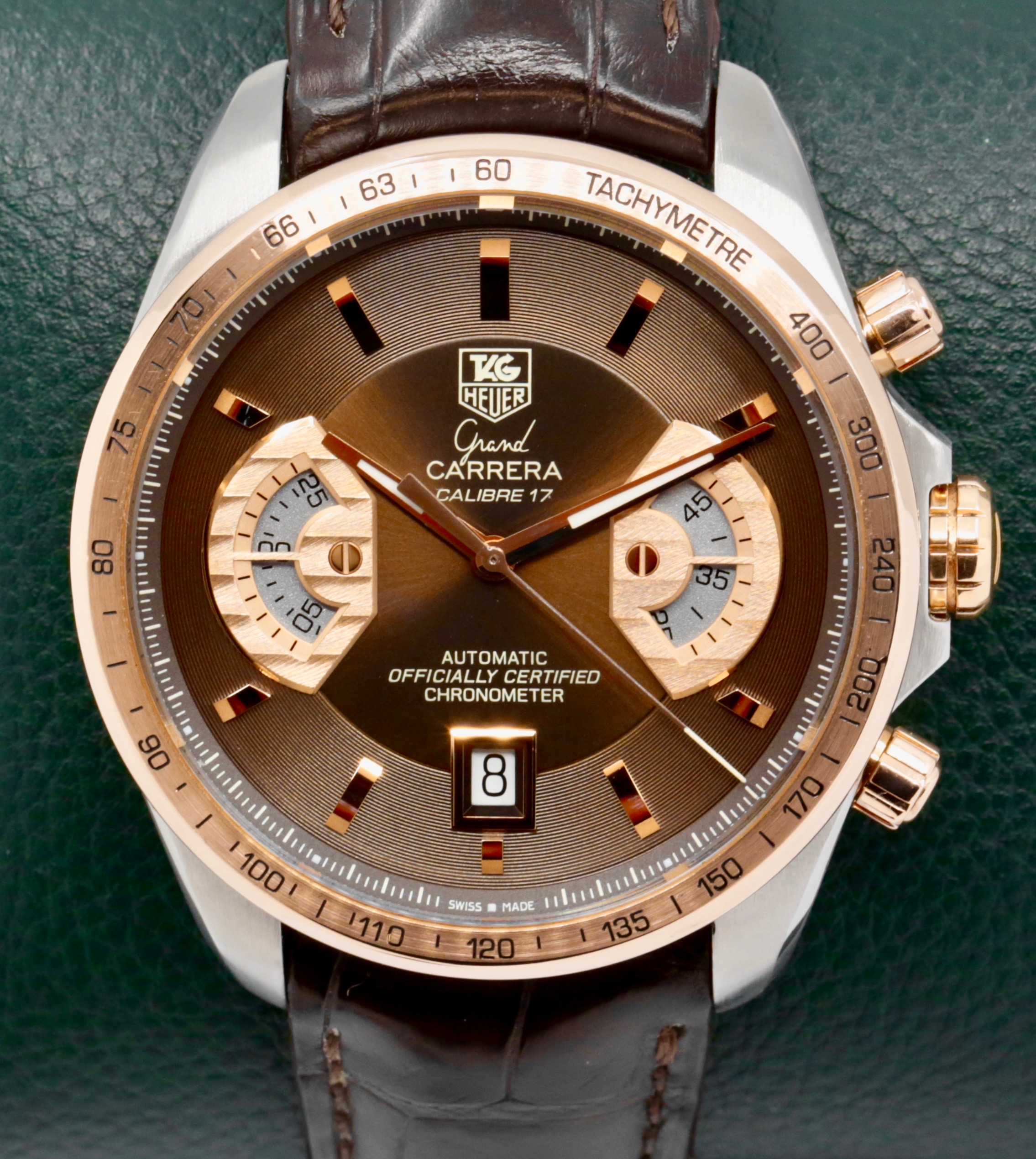 TAG Heuer Grand Carrera Calibre 17 Chronograph, 43mm, Stainless Steel & 18ct Rose Gold, Brown Index Dial, on Brown TAG Alligator Strap with TAG Deployant Clasp, Ref. CAV515C, Circa: 2009, with Box & Papers - Sold as traded!! $3,980 inc GST!!