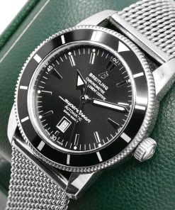 Alternative view of Breitling SuperOcean Heritage 46 in stainless steel, black index dial, uni-directional bezel, Mesh-Style Breitling Stainless Steel Bracelet Ref: A173024/B868 Box, Book and Breitling Warranty card. Ca, 08/2017