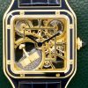 Cartier Santos Dumont Skeleton Watch with Micro-Rotor, in 18ct Yellow Gold with Navy Blue Enamelling, on Navy Blue Cartier Alligator Strap with 18ct Yellow Gold Cartier Tang Buckle, Ref. WHSA0031, Circa: 2024, with Box, Papers & Balance of 8 Year extended Cartier Factory Warranty. "This model is Limited to 150 pieces"