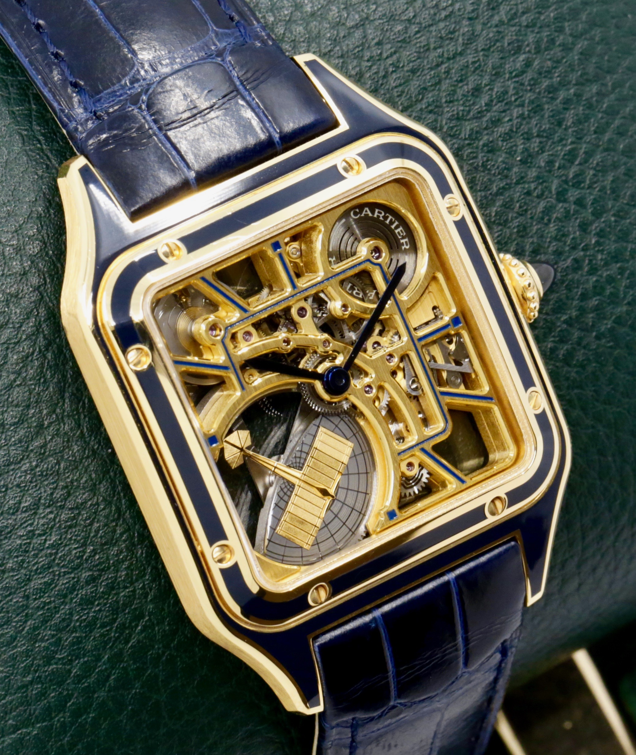 Cartier Santos Dumont Skeleton Watch with Micro-Rotor, in 18ct Yellow Gold with Navy Blue Enamelling, on Navy Blue Cartier Alligator Strap with 18ct Yellow Gold Cartier Tang Buckle, Ref. WHSA0031, Circa: 2024, with Box, Papers & Balance of 8 Year extended Cartier Factory Warranty. "This model is Limited to 150 pieces" - Image 2