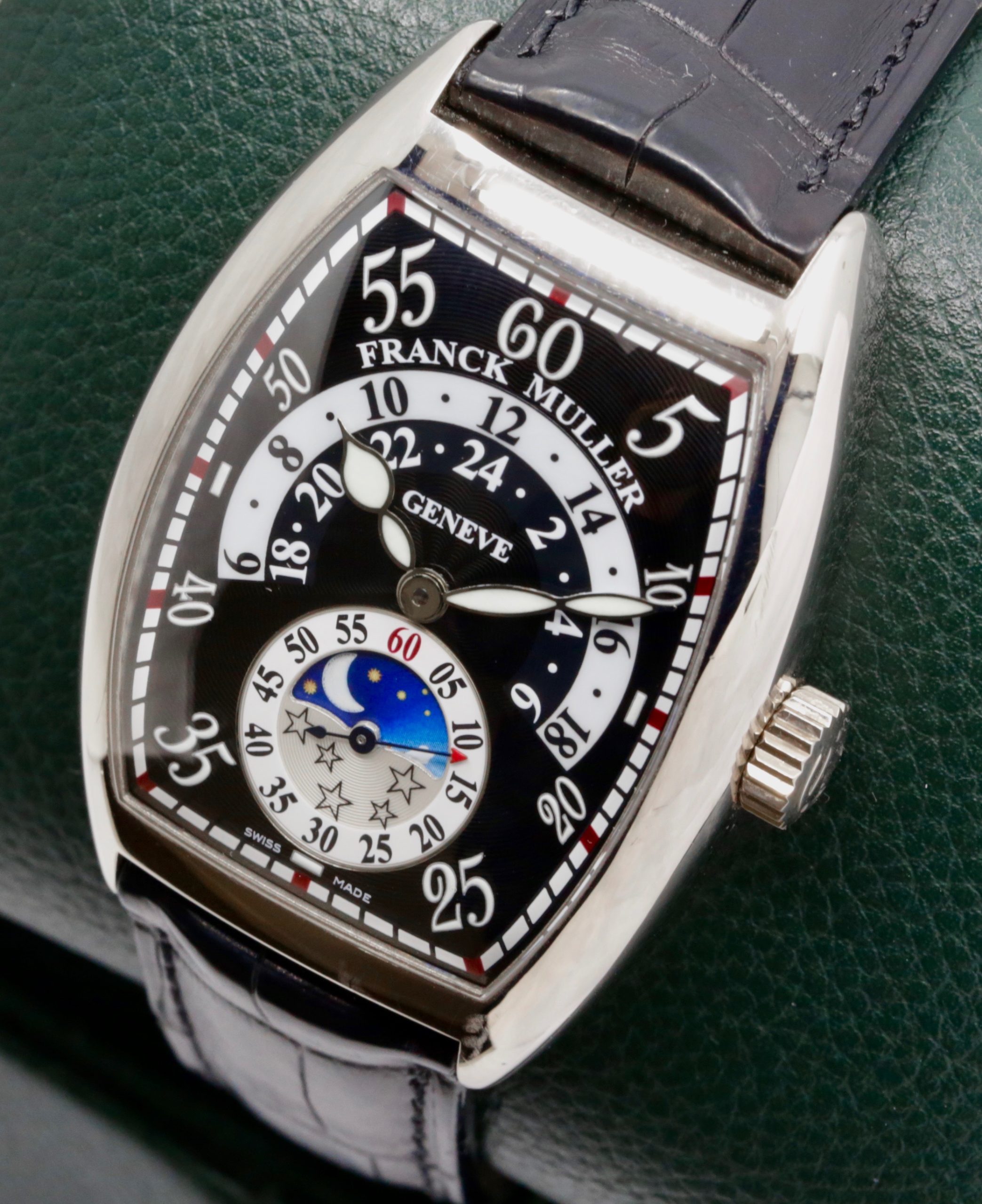 Franck Muller ON SALE !! Cintrée Curvex Retrograde, in 18ct White Gold Black Guilloche Dial with Moon Phase, on Black Alligator Strap with 18ct White Gold Franck Muller Tang Buckle, Ref. 7880 H R JN, with Box & Papers - Image 3