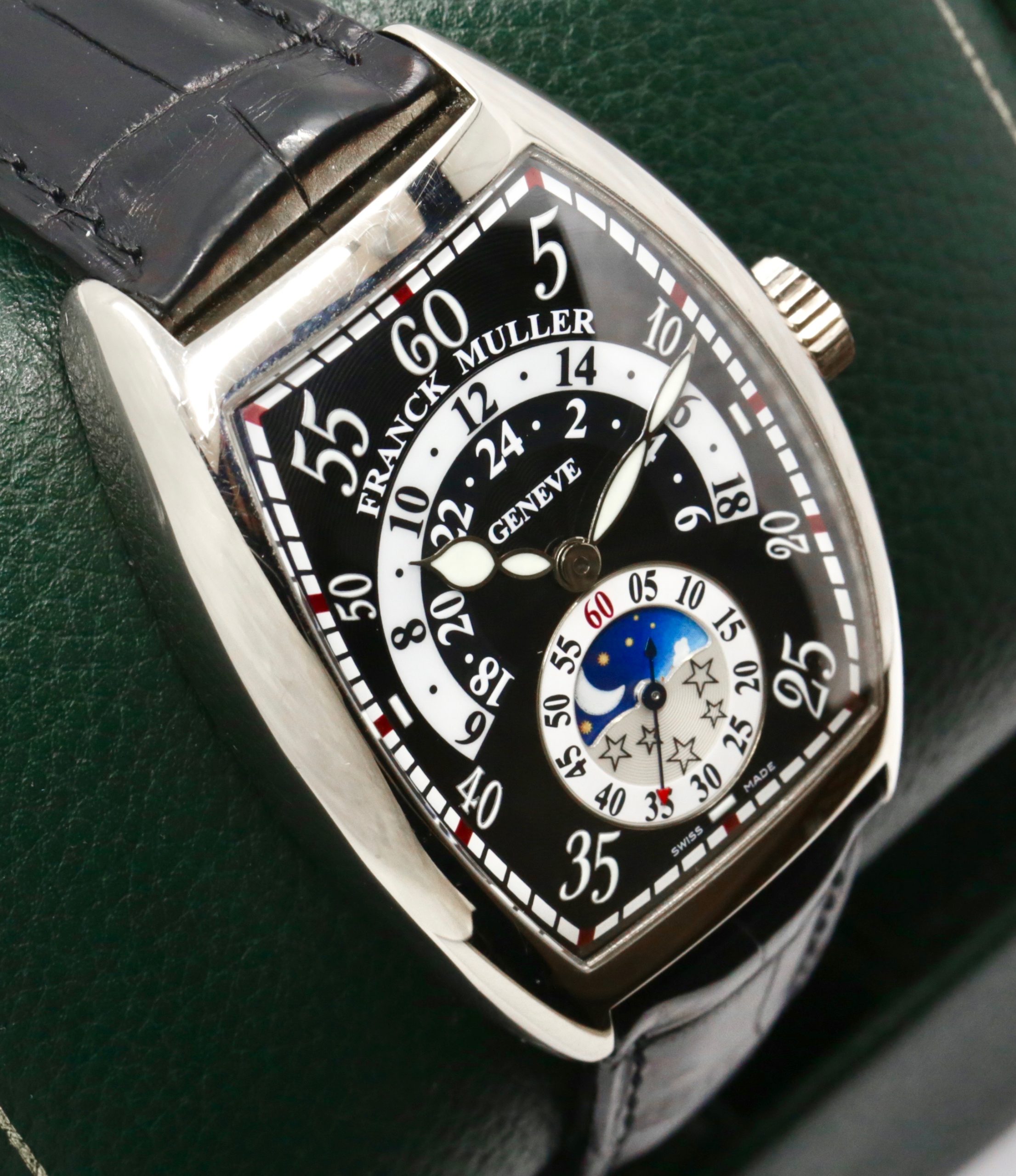 Franck Muller ON SALE !! Cintrée Curvex Retrograde, in 18ct White Gold Black Guilloche Dial with Moon Phase, on Black Alligator Strap with 18ct White Gold Franck Muller Tang Buckle, Ref. 7880 H R JN, with Box & Papers - Image 2