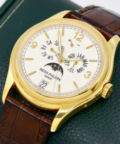 Alternative view of Patek Philippe Annual Calendar in 18ct Yellow Gold, Cream Dial with Day, Date, Month Display & Moon Phase, on Brown Patek Philippe Alligator Strap with 18ct Yellow Gold Patek Deployant, Ref. 5146J-001, Circa: 2013, with Box & Papers