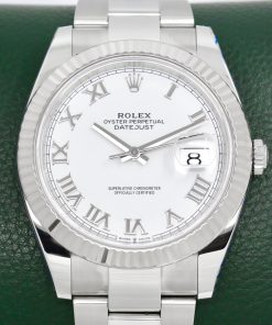 Rolex Datejust 41, Stainless Steel, 18ct White Gold Fluted Bezel, White Roman Dial, on Stainless Steel Oyster Bracelet, Ref. 126334, Circa: 2019, with Box, Green & White Swing Tags, Papers & Balance of 2 Year Rolex Service Warranty