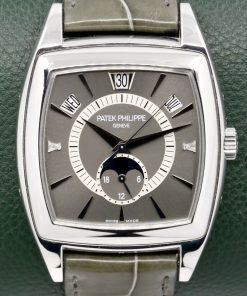 Patek Philippe “Gondolo Calendario” Annual Calendar, 0.950 Platinum Case, Grey Index Dial with Diamonds on 3 & 9, on Grey Patek Alligator Strap with Platinum Patek Tang Buckle, Ref. 5135P-001,  Circa: 2007, Complete Set with Box, Papers, & Extract of Archive Certificate