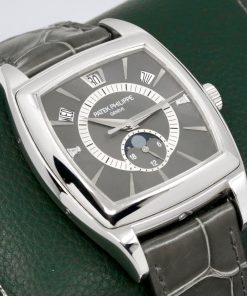 Alternative view of Patek Philippe “Gondolo Calendario” Annual Calendar, 0.950 Platinum Case, Grey Index Dial with Diamonds on 3 & 9, on Grey Patek Alligator Strap with Platinum Patek Tang Buckle, Ref. 5135P-001,  Circa: 2007, Complete Set with Box, Papers, & Extract of Archive Certificate