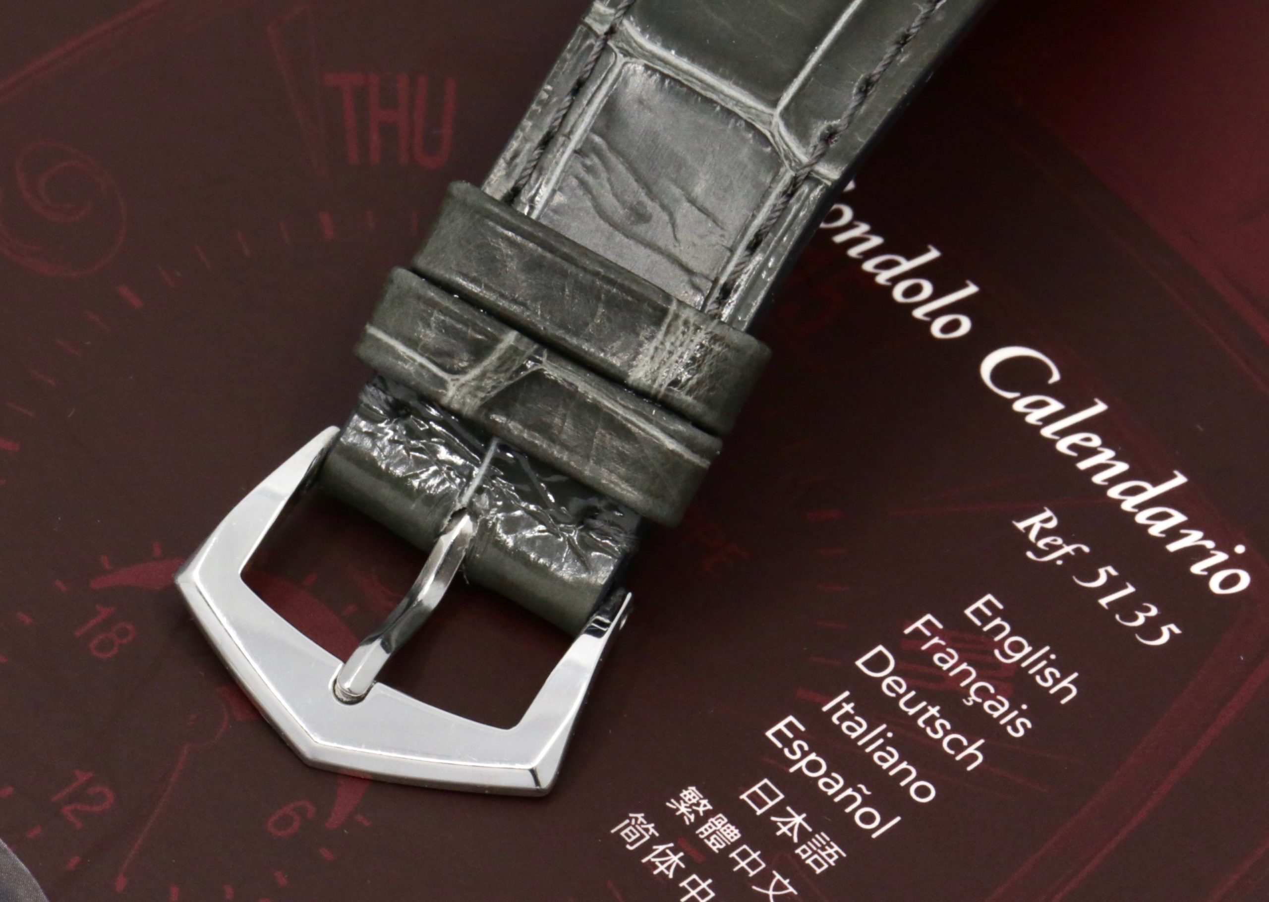 Patek Philippe “Gondolo Calendario” Annual Calendar, 0.950 Platinum Case, Grey Index Dial with Diamonds on 3 & 9, on Grey Patek Alligator Strap with Platinum Patek Tang Buckle, Ref. 5135P-001, Circa: 2007, Complete Set with Box, Papers, & Extract of Archive Certificate - Image 6