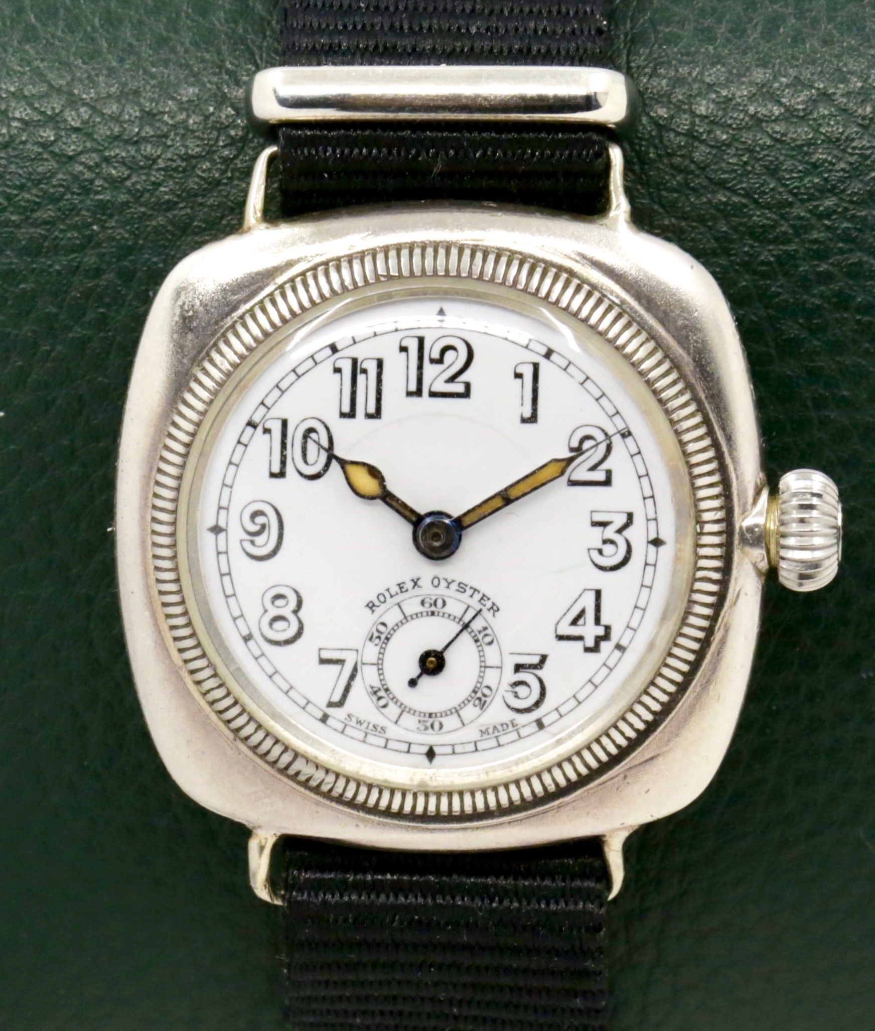 Vintage Rolex Series 1 Cushion Shaped Oyster, in 0.925 Silver, Original Glass Enamel Arab Dial with Sub-Seconds, Original Rolex "Onion" Crown, Circa: 1925