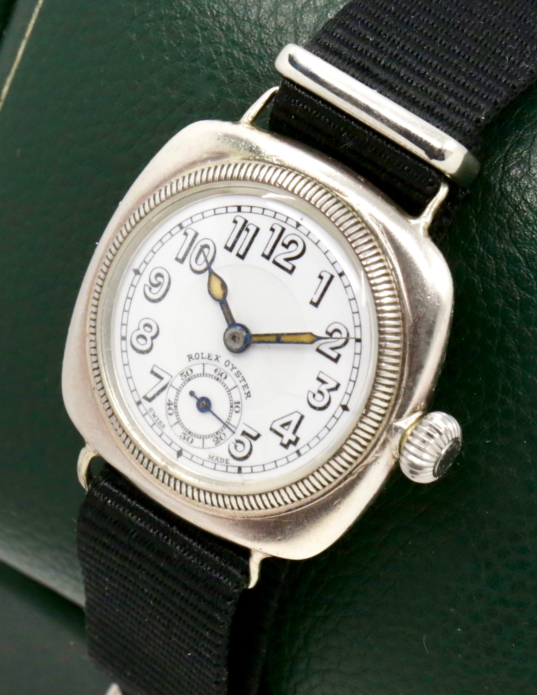 Vintage Rolex Series 1 Cushion Shaped Oyster, in 0.925 Silver, Original Glass Enamel Arab Dial with Sub-Seconds, Original Rolex "Onion" Crown, Circa: 1925 - Image 3