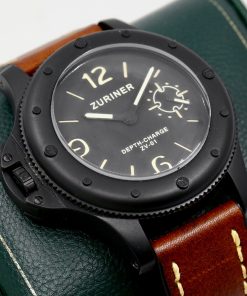 Alternative view of Zuriner Depth Charge ZV-01, Destro Watch, Black PVD Coated Stainless Steel Case, Black Dial, on Brown Zuriner Leather Strap with on Zuriner Black PVD Coated Stainless Steel Tang Buckle, Ref. ZV-01,  Circa: 2012, with Box & Book - *Sold as Traded!