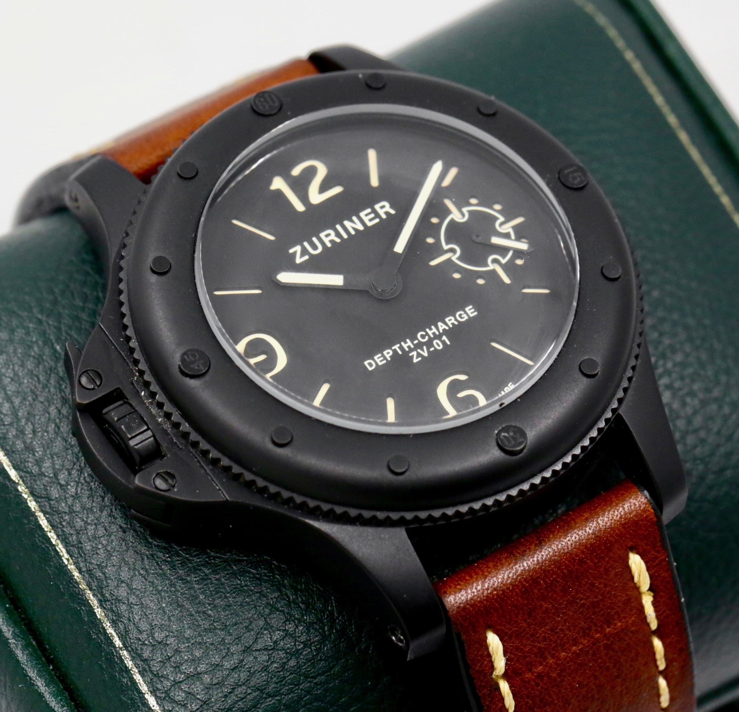 Zuriner Depth Charge ZV-01, Destro Watch, Black PVD Coated Stainless Steel Case, Black Dial, on Brown Zuriner Leather Strap with on Zuriner Black PVD Coated Stainless Steel Tang Buckle, Ref. ZV-01, Circa: 2012, with Box & Book - *Sold as Traded! - Image 2