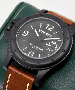 Zuriner Depth Charge ZV-01, Destro Watch, Black PVD Coated Stainless Steel Case, Black Dial, on Brown Zuriner Leather Strap with on Zuriner Black PVD Coated Stainless Steel Tang Buckle, Ref. ZV-01,  Circa: 2012, with Box & Book - *Sold as Traded!