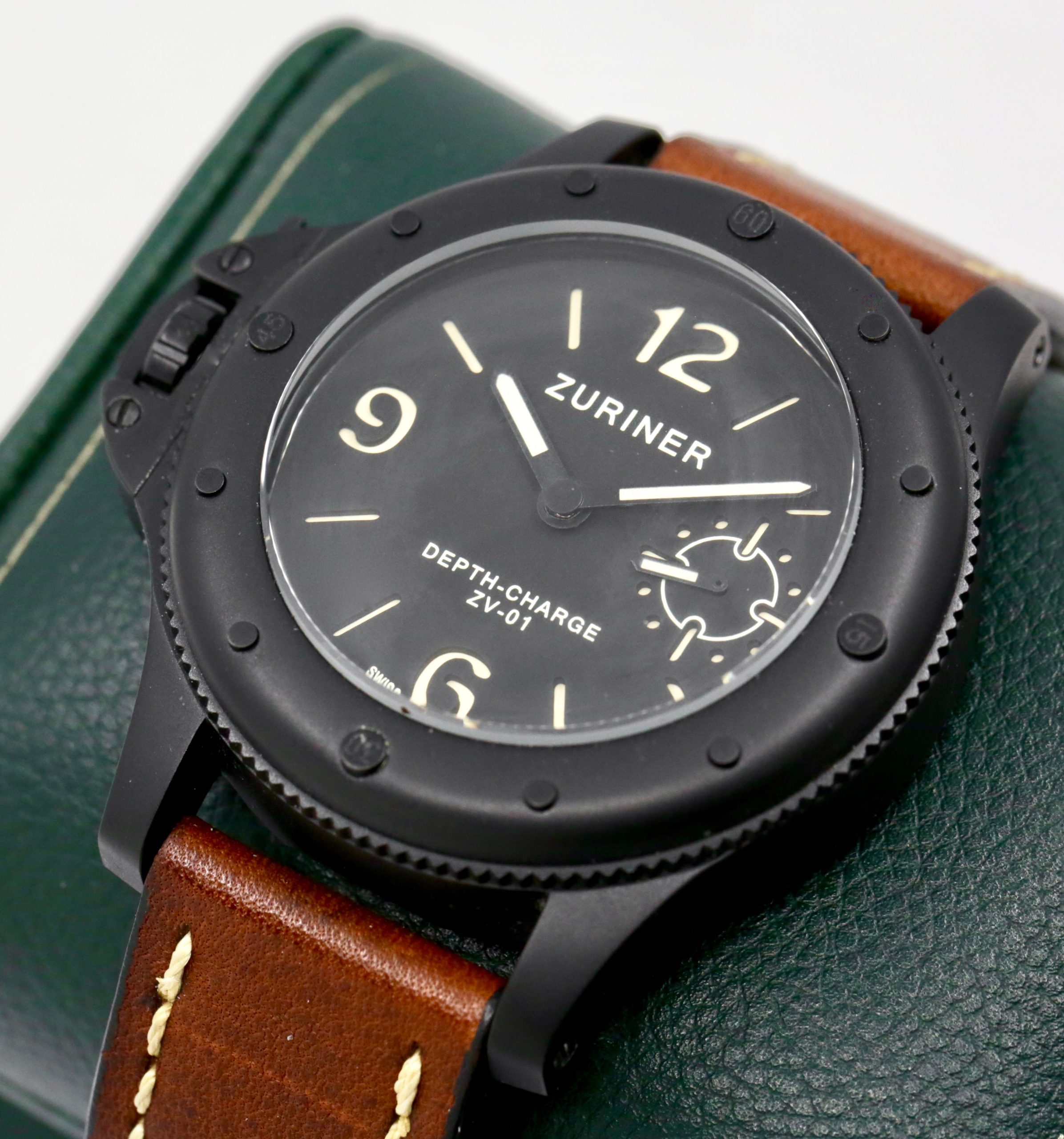 Zuriner Depth Charge ZV-01, Destro Watch, Black PVD Coated Stainless Steel Case, Black Dial, on Brown Zuriner Leather Strap with on Zuriner Black PVD Coated Stainless Steel Tang Buckle, Ref. ZV-01, Circa: 2012, with Box & Book - *Sold as Traded!