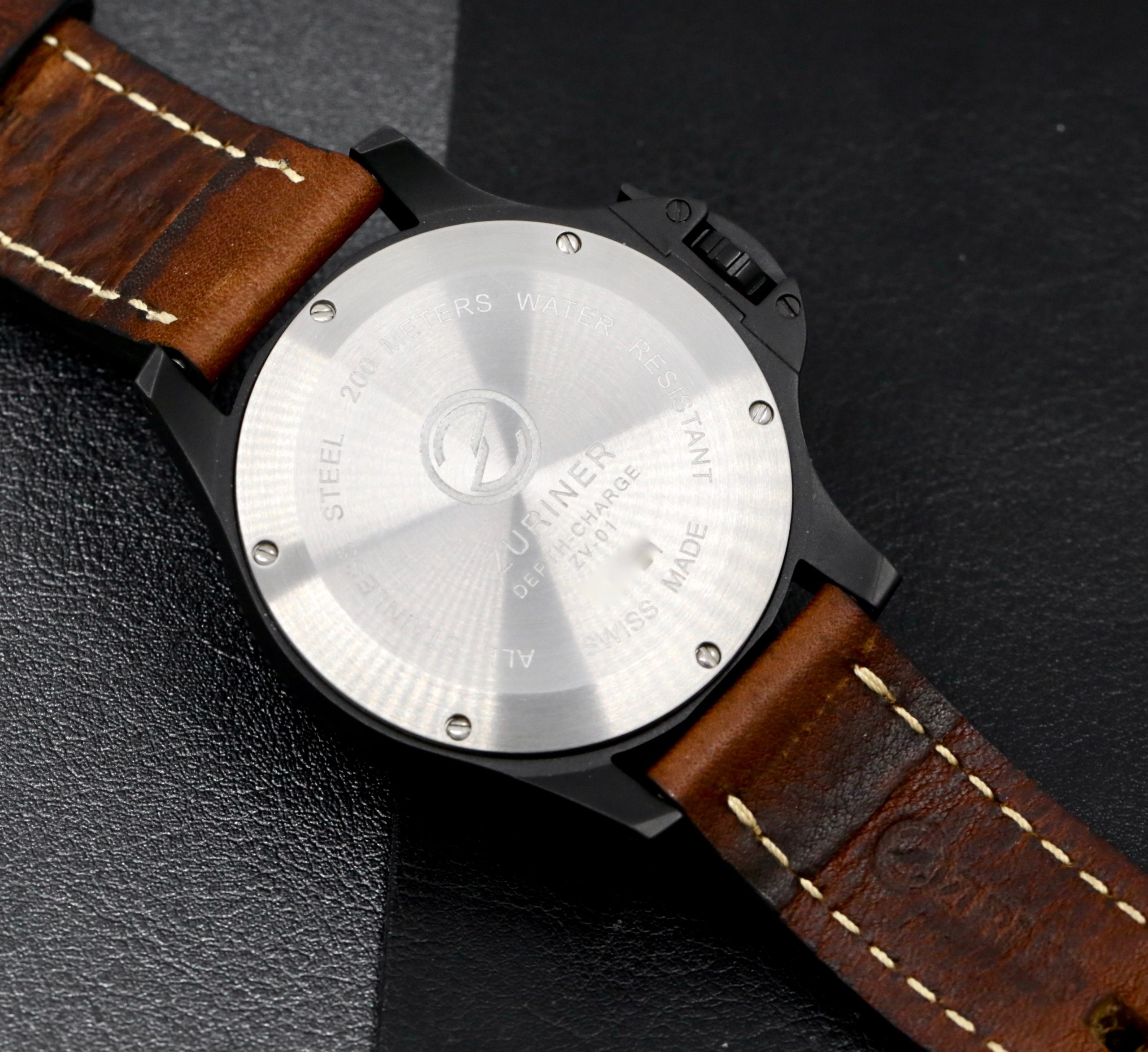Zuriner Depth Charge ZV-01, Destro Watch, Black PVD Coated Stainless Steel Case, Black Dial, on Brown Zuriner Leather Strap with on Zuriner Black PVD Coated Stainless Steel Tang Buckle, Ref. ZV-01, Circa: 2012, with Box & Book - *Sold as Traded! - Image 4