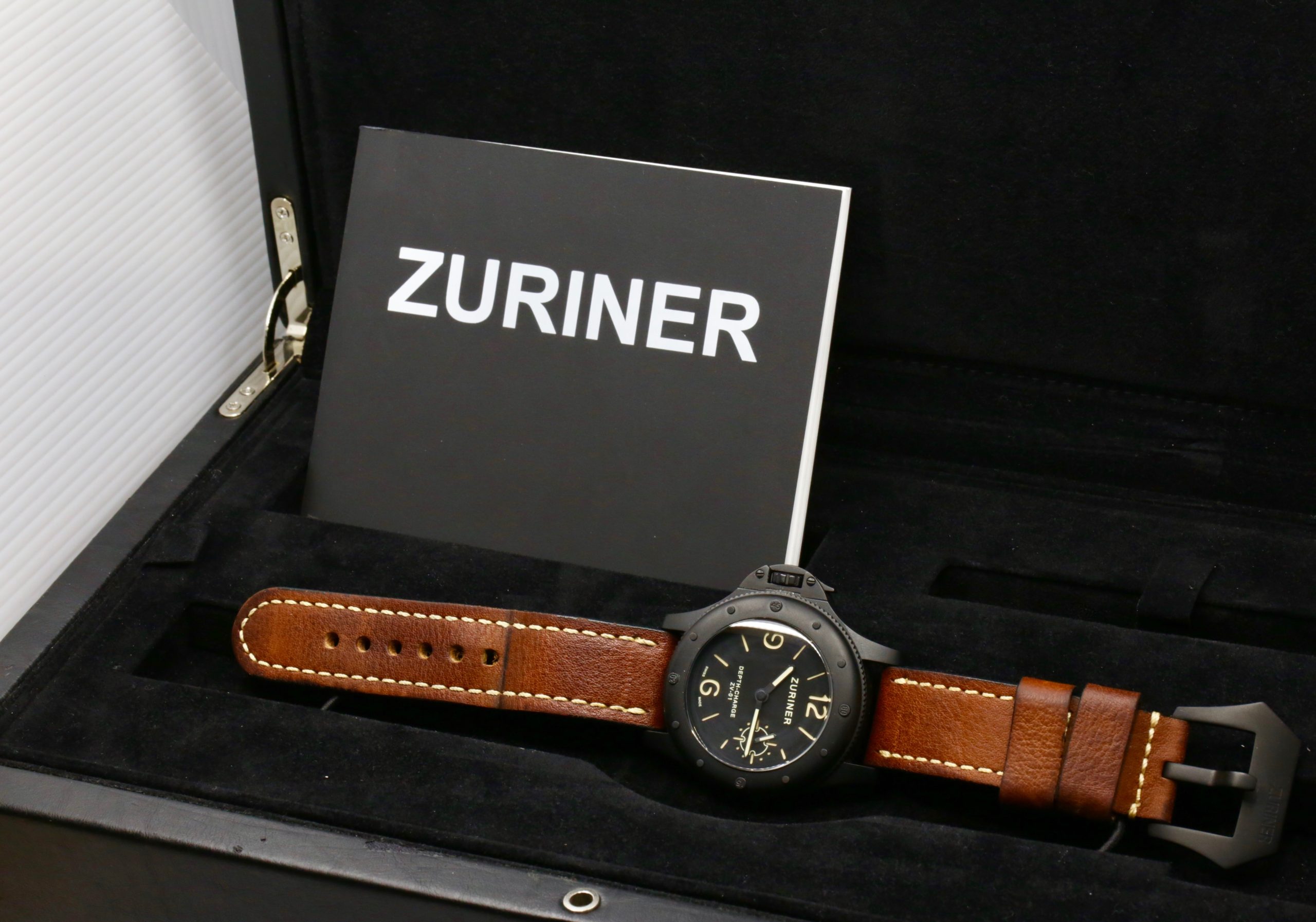 Zuriner Depth Charge ZV-01, Destro Watch, Black PVD Coated Stainless Steel Case, Black Dial, on Brown Zuriner Leather Strap with on Zuriner Black PVD Coated Stainless Steel Tang Buckle, Ref. ZV-01, Circa: 2012, with Box & Book - *Sold as Traded! - Image 6